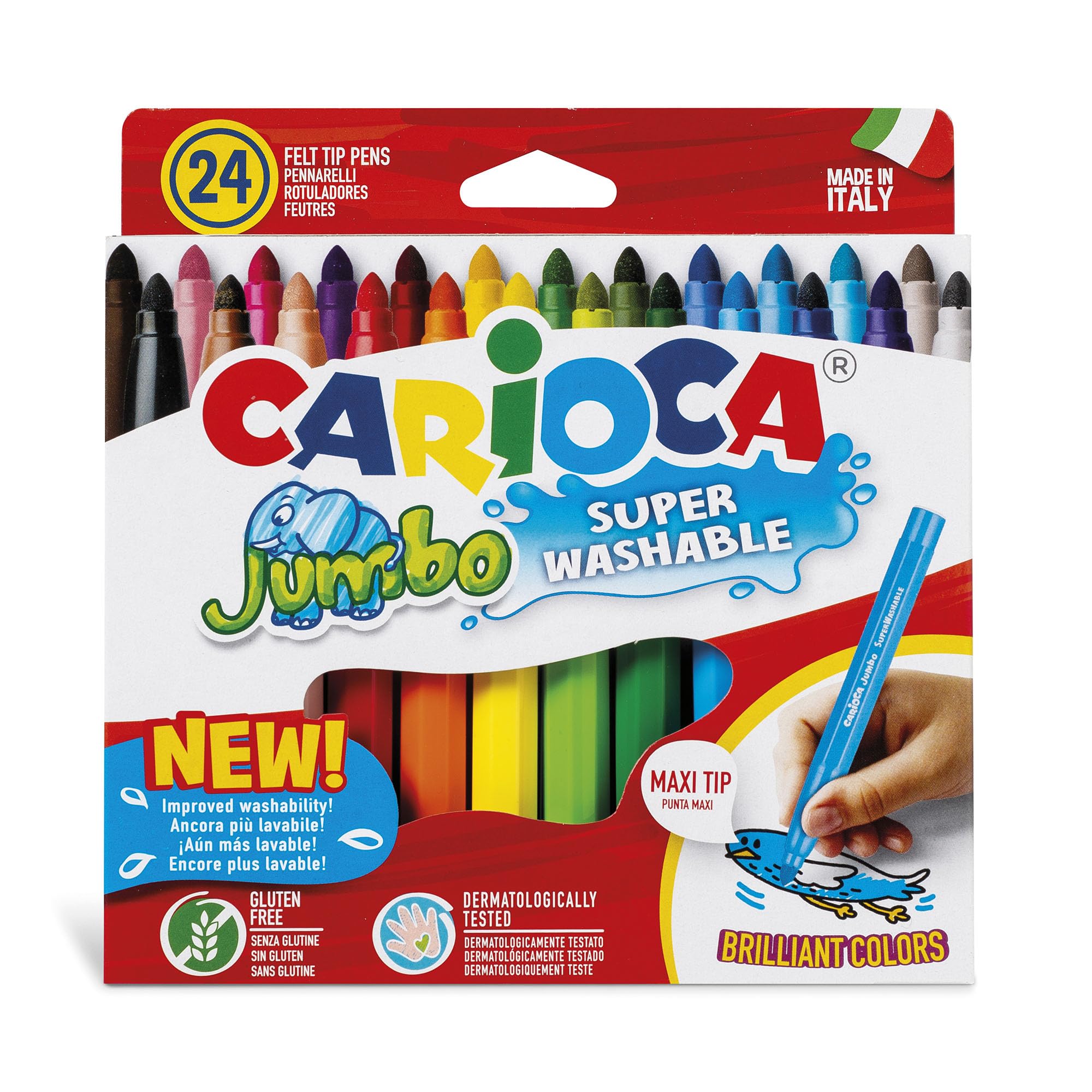 Carioca Rotuladores Jumbo Punta Gruesa | Caja de 24 Rotuladores Superlavables y con gran Cobertura | Cuerpo Octogonal Maxi | Colores Surtidos | Punta Ø 6 mm | 24 piezas