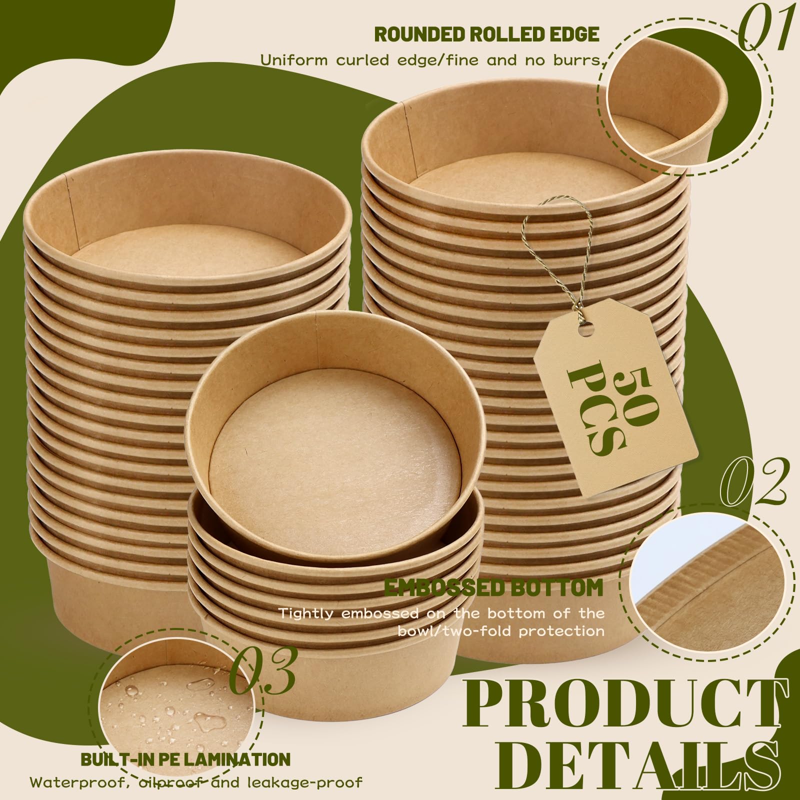 Ciotole di Carta Usa e Getta 50 Pezzi SANOU | Biodegradabili | Ciotole per Feste, Picnic, Insalate, Zuppe, Gelati 500ml | Marrone, Rotondo, Medio, Impilabile, Infrangibile