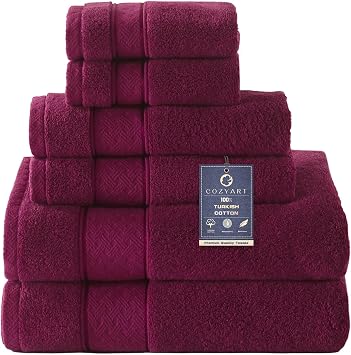COZYART Burgundy Bath Towel Set 6 Piece, 100% Zero Twist Ring Spun Turkish Cotton 650GSM, Ultra Soft Absorbent Fast Dry Hotel Quality Bathroom Towels