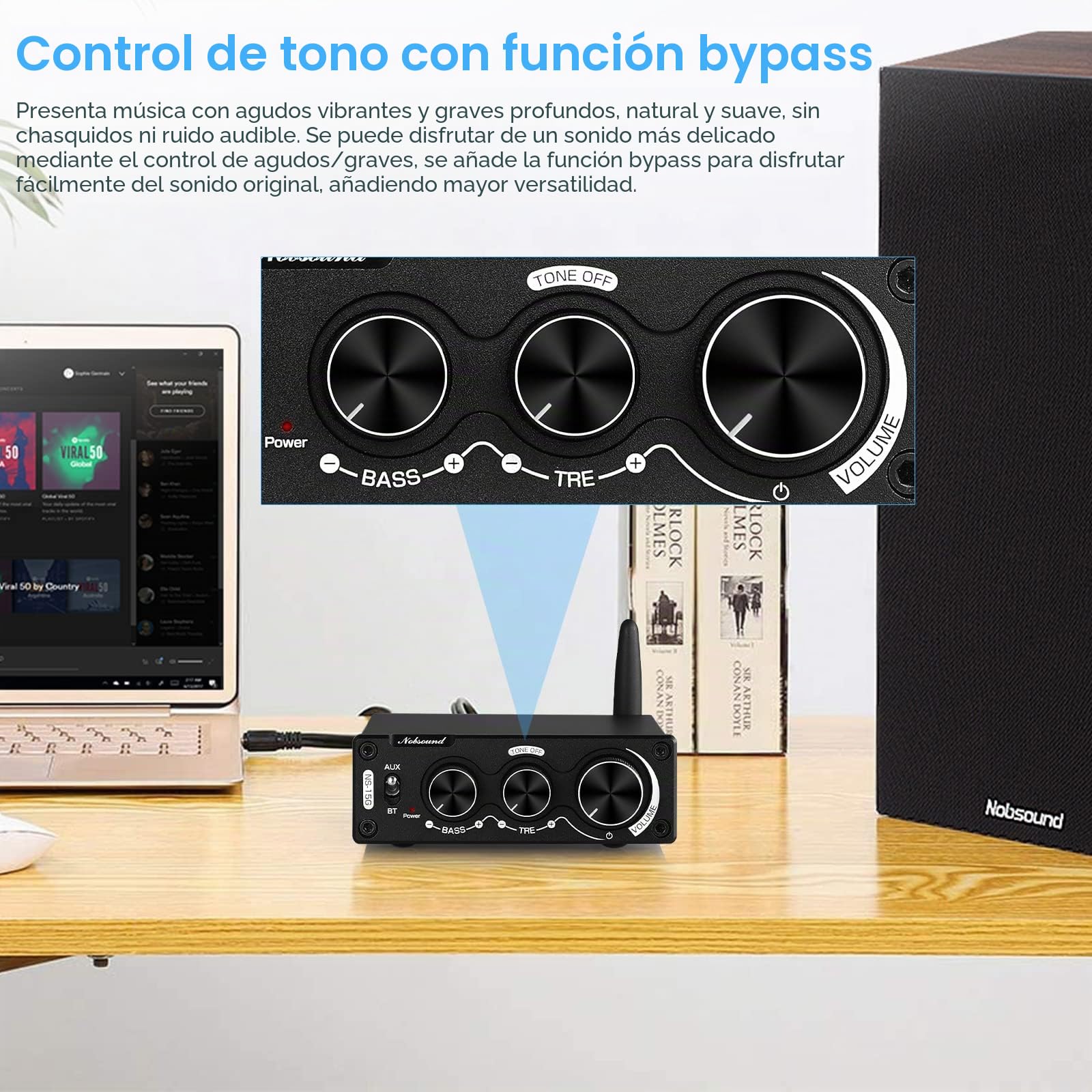 Nobsound Mini Amplificador Digital Bluetooth HiFi Estéreo 200W con ajustes de graves y agudos para altavoces domésticos