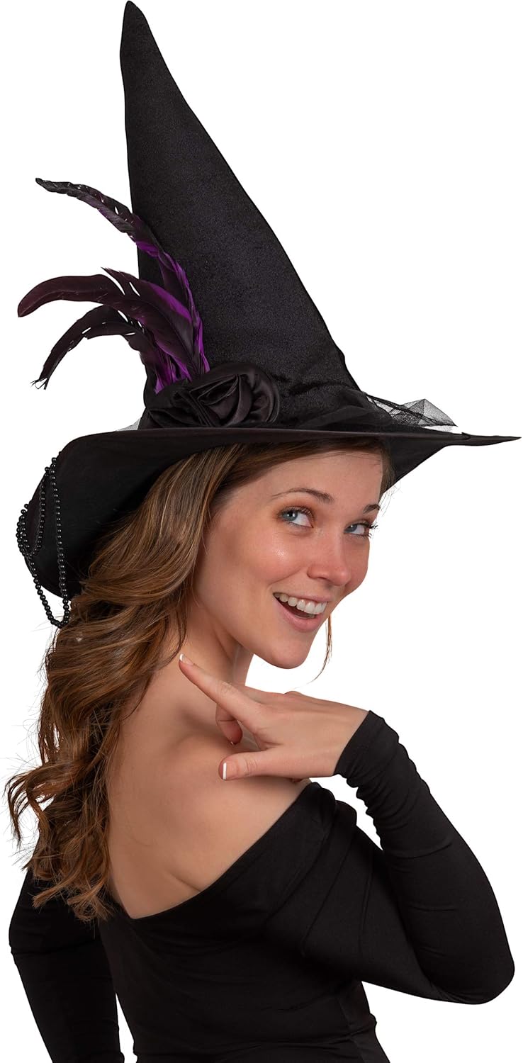 Skeleteen Deluxe Pointed Witch Hat - Glamorous Black Witches Accessories Fancy Velvet Hat with Flowers, Beads and Purple Feathers - Image 2