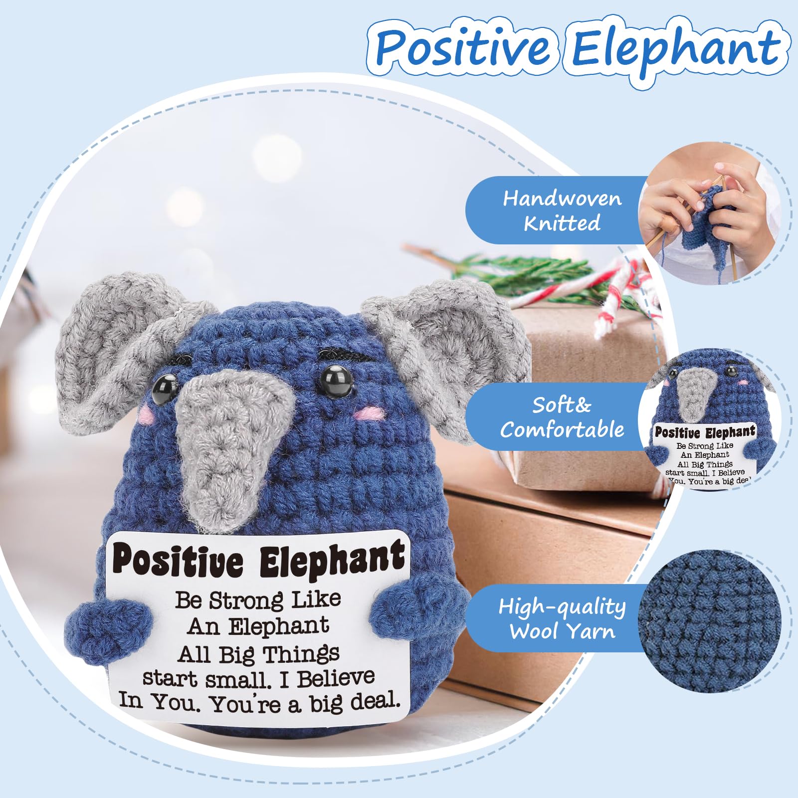 Calkkrer Pocket Hug Positive Elephant Crochet Cuddly Toys, Lucky Charm with Positive Card - Image 3
