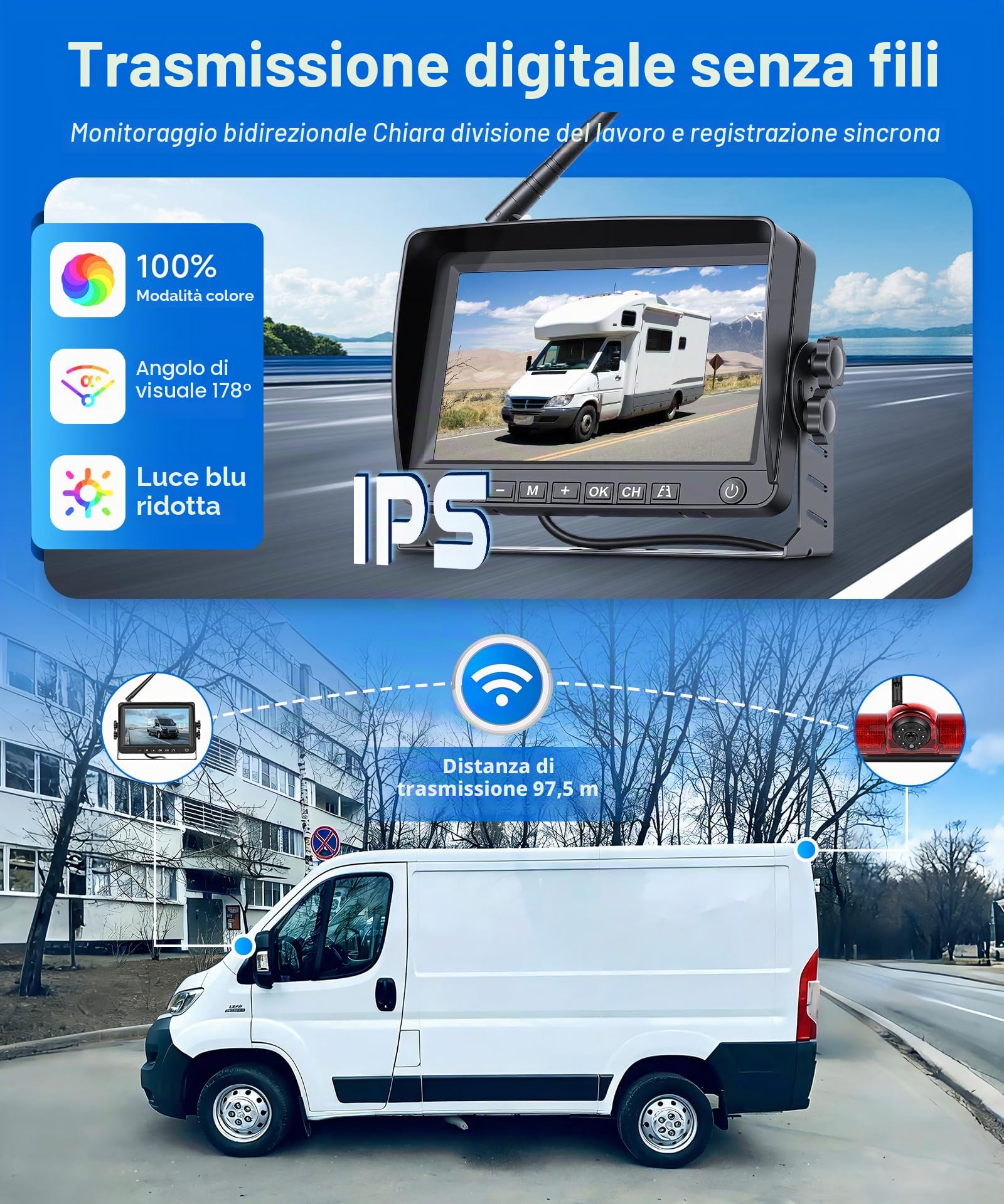 Hodozzy 720P Telecamera Posteriore Wireless per FIAT Ducato 3/Peugeot Boxer/Citroen Jumper con Monitor IPS da 7'', Telecamera per Terza Luce di Stop, Visione Notturna a IR, Impermeabile IP67, BSD,DVR