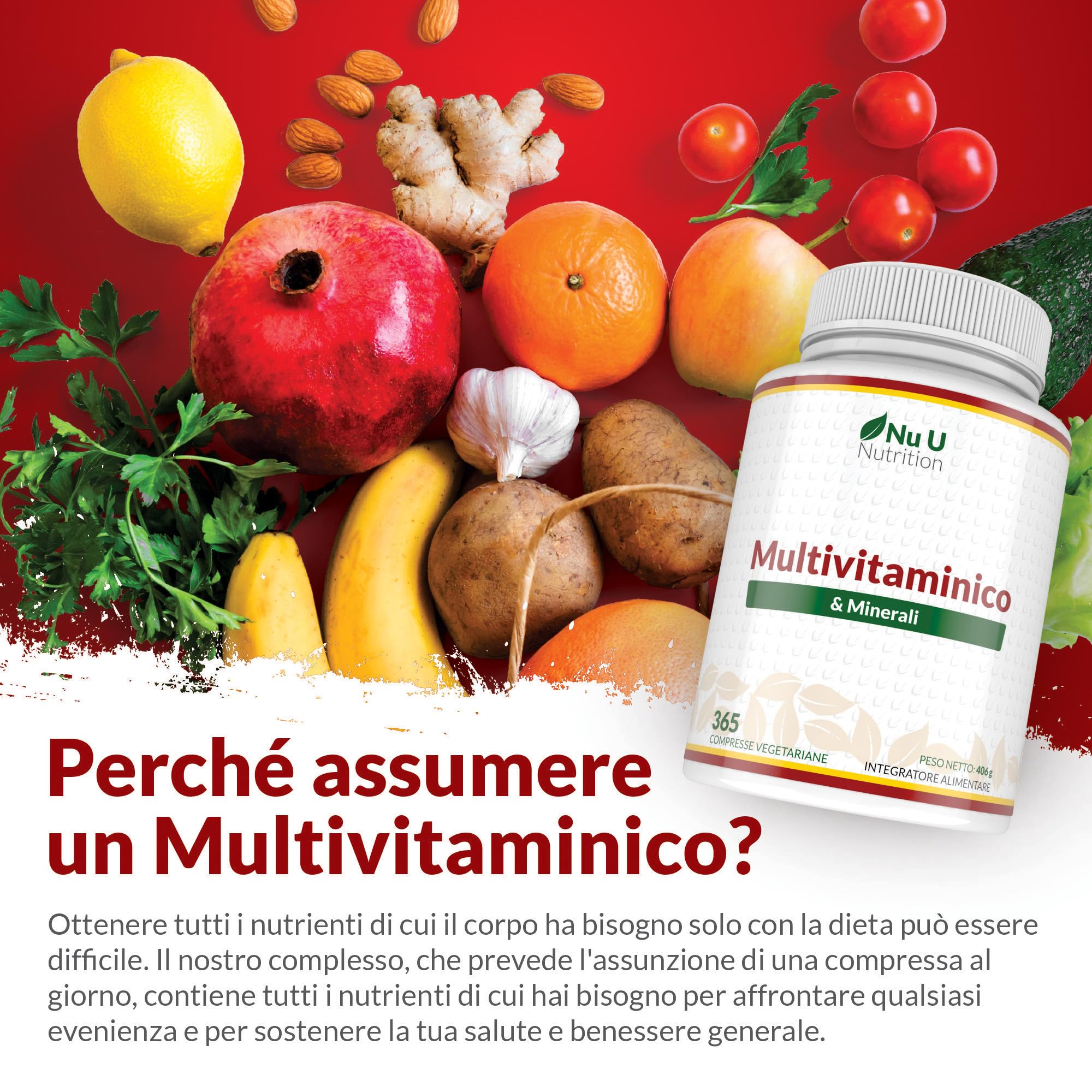 Multivitaminico Completo - 365 Compresse (1 Anno di Scorta) - 25 Vitamine e Minerali Essenziali per Uomo e Donna - Adatto ai Vegetariani - Prodotto in Europa - Integratore Nu U Nutrition