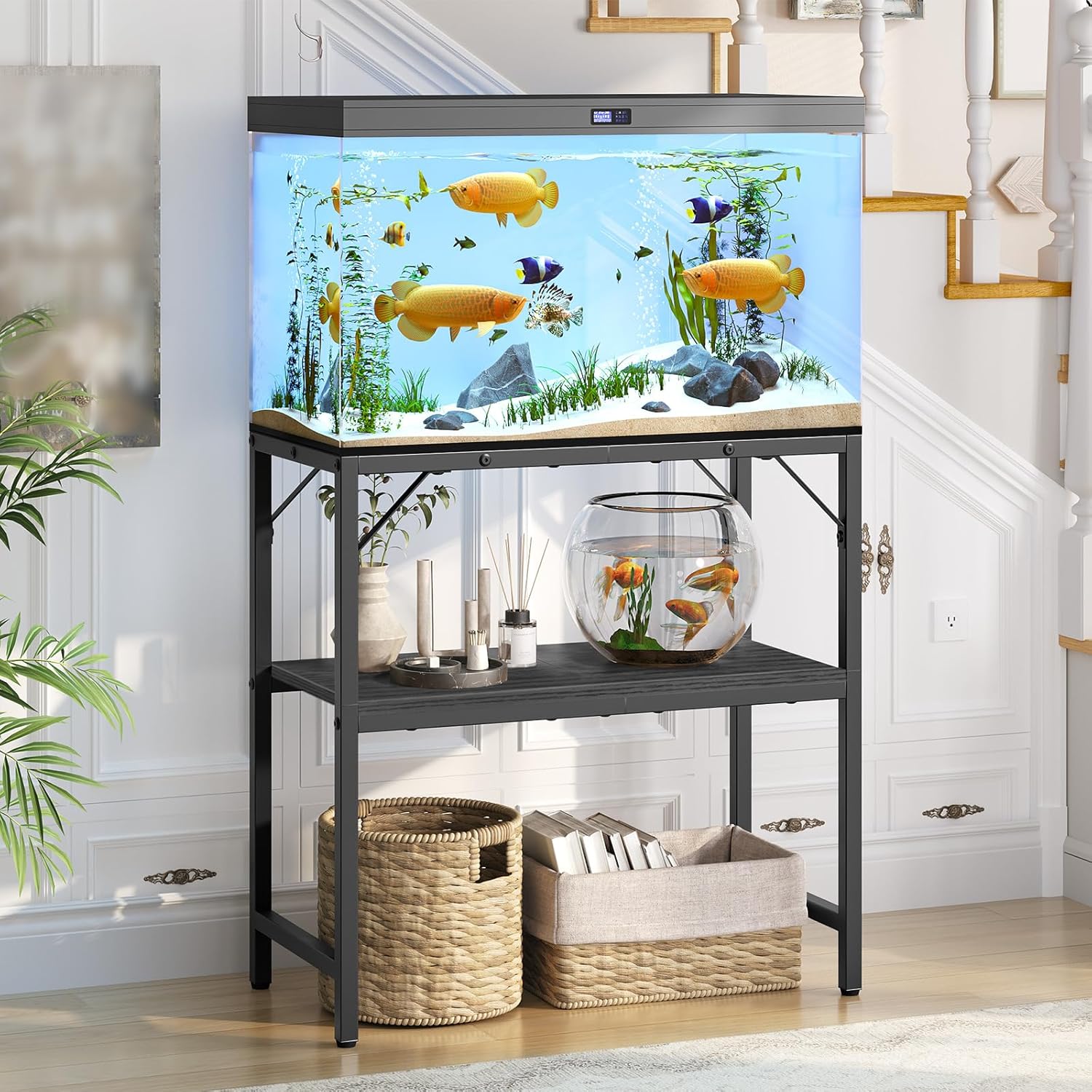 20 Gallon Fish Tank Stand, Aquarium Stand with 2-Tier Storage Shelves, Heavy Duty Breeder Turtle Terrarium Stand Rack for Home Office, 24.0″ L x 11.8″ W x 24.4″ H, Black FTBK2001