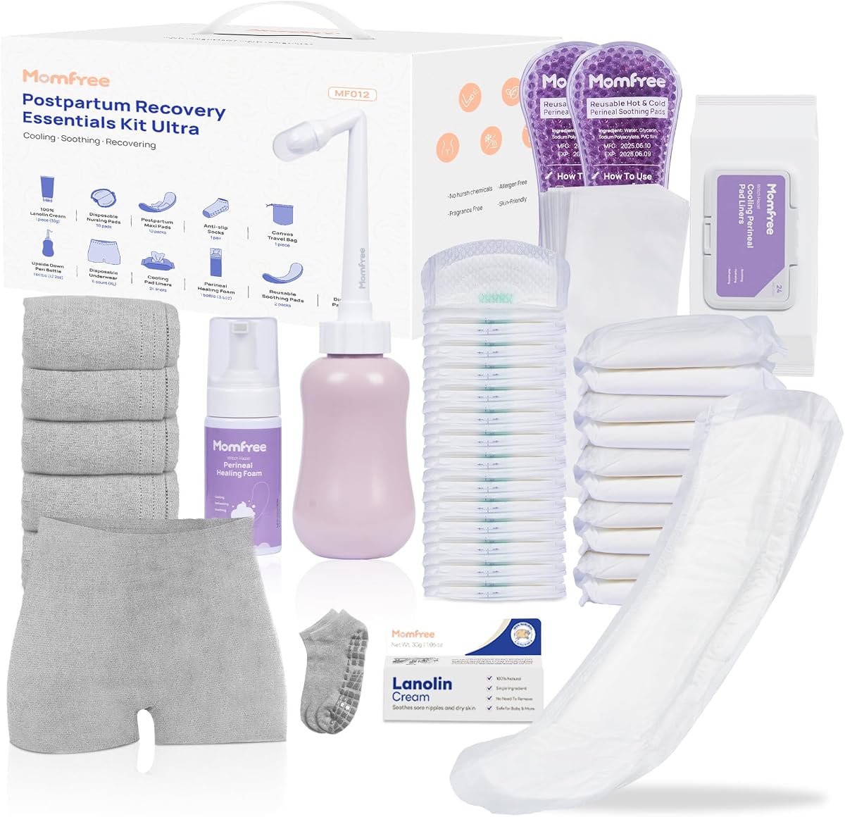 Kit de recuperación posparto esencial mejorado para mujeres: parto posparto - espuma curativa perineal y botella peri al revés | 6 ropa interior desechable | Almohadillas calmantes | Toallas de lactancia y Maxi