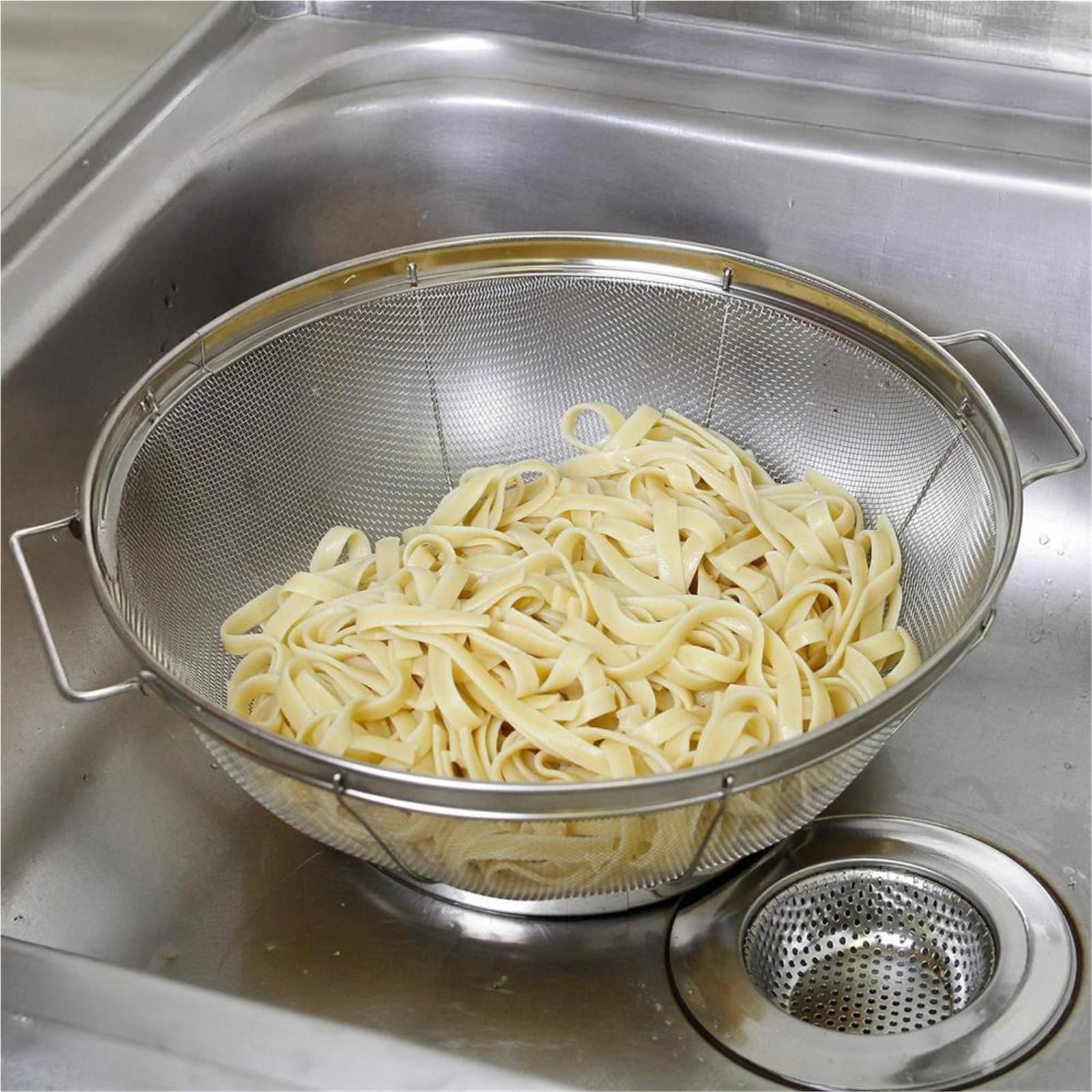 Colador de alimentos alta resistencia, colador malla fina acero inoxidable con doble asa, cesta coladora cocina for lavar frutas, 2 uds para Pasta Verduras y Frutas