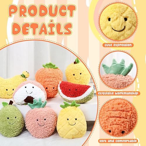Miniatura 2 de 8 piezas de almohada de peluche de fruta de 8 pulgadas, aguacate, plátano, sandía, melocotón, fresa, mango, zanahoria, piña, juguete de peluche