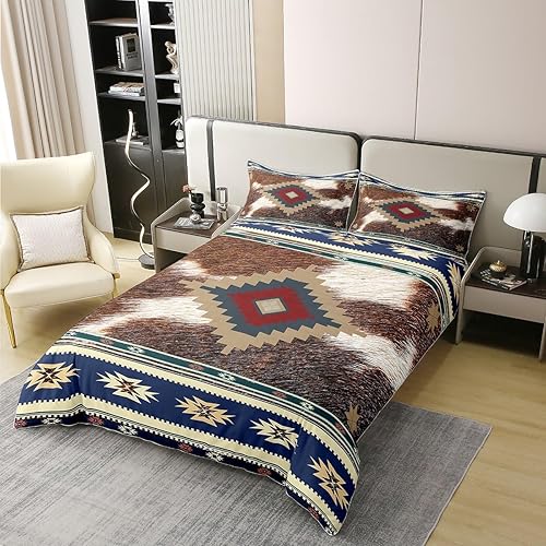 Miniatura 3 de jejeloiu Juego de ropa de cama azteca, tamaño King, estampado de piel de vaca occidental, funda de edredón 100% algodón para niños, funda de edredón