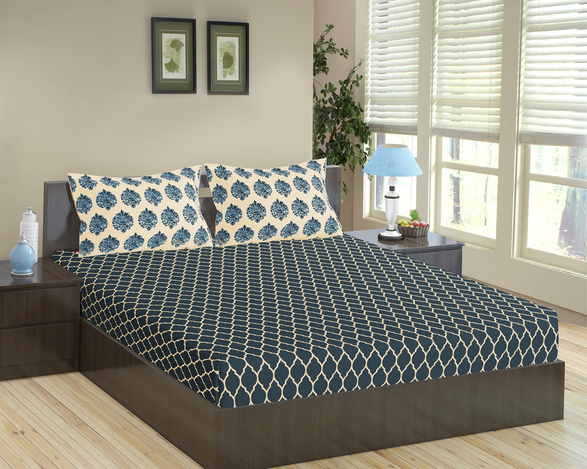 Trance Home Linen 200TC 100% Cotton 78"x72" Standard King Size Elastic Fitted Bedsheet | Printed King Bed Size Elasticated Fitted Bedspread with 2 Pillow Covers (King 78x72 inch, Dori & Damask - Blue)-image-28