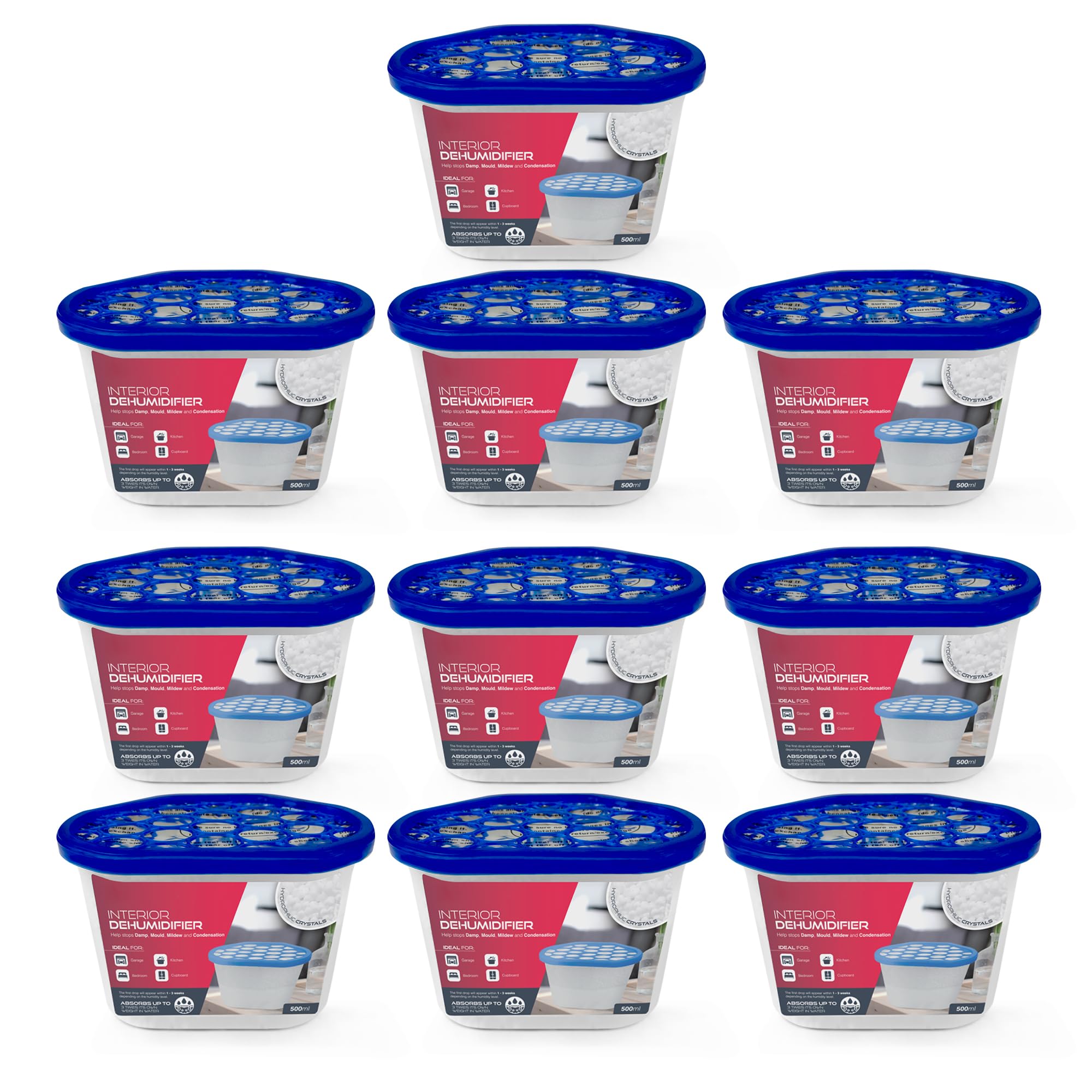 Pack of 10 500ml Dehumidifier Tubs for Condensation,Humidity, Damp, Mould, Moisture, Allergens, Mildew & Neutralising Odours for Domestic us at Home, Office, Garage, Windows & Wardrobes