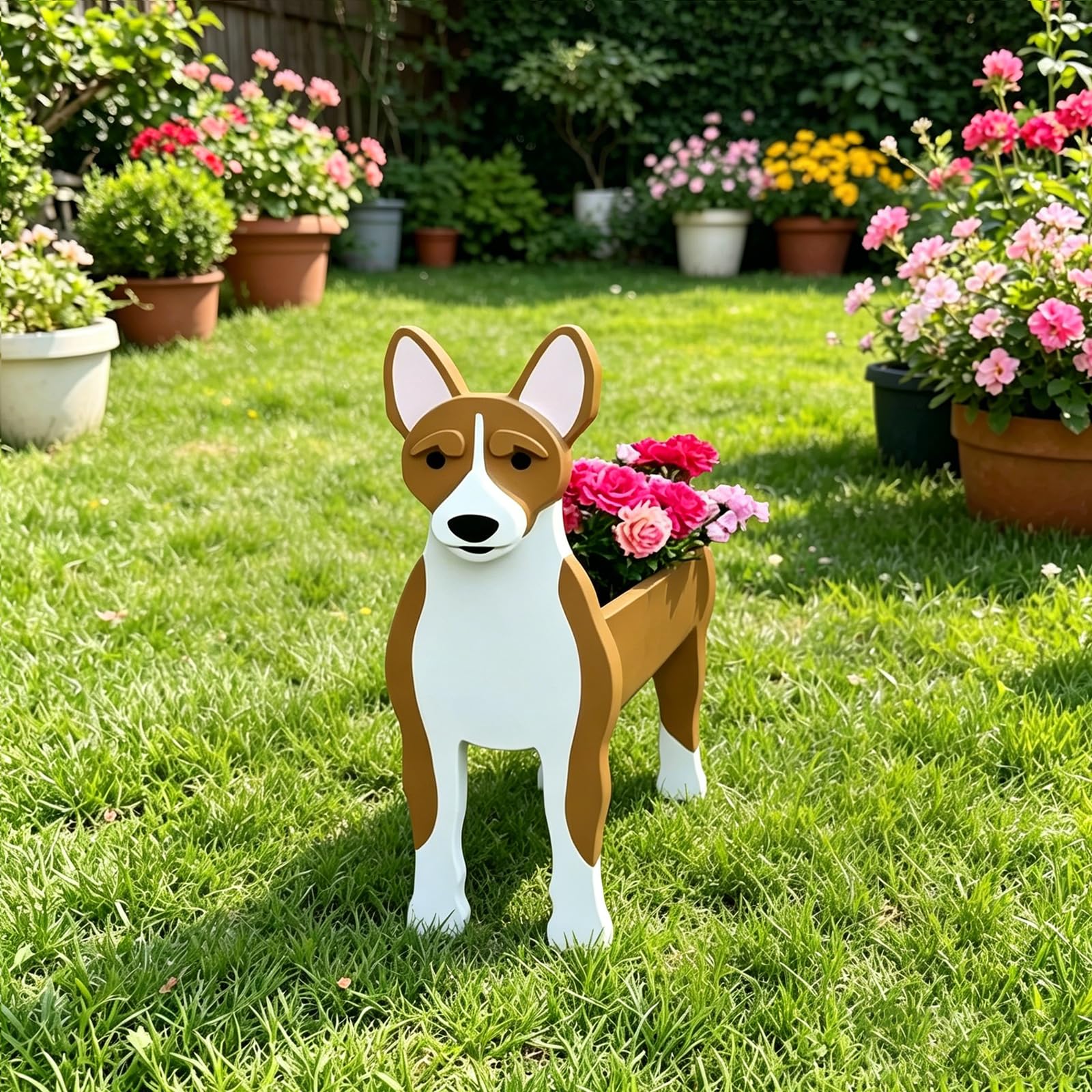 Hiiaodecor Basenji Pet Dog Animal Bonsai Holder Cute Shape Art Plant Storage Pot Villa Garden Indoor Outdoor Office Decor Ornaments 43 * 25cm/16.93 * 9.84in