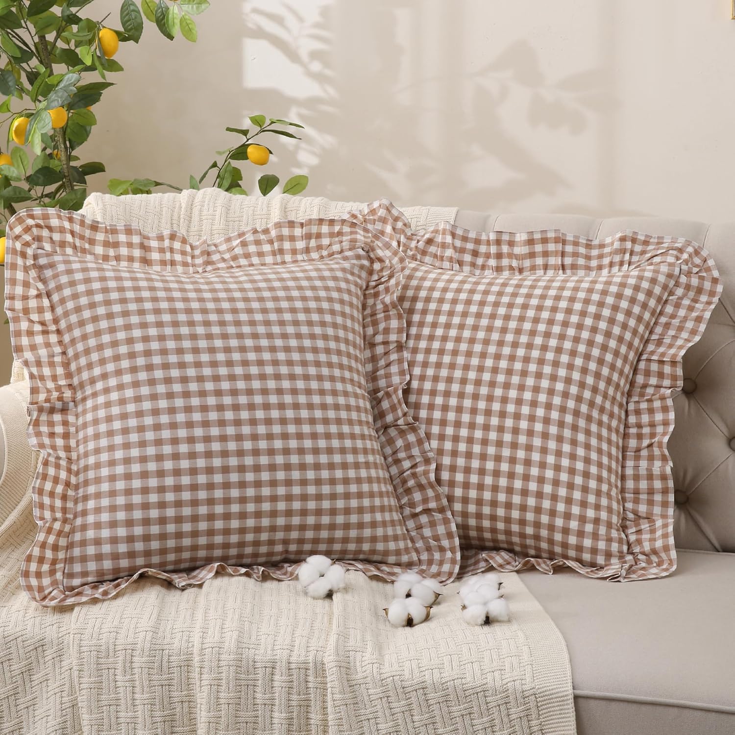 Tan Gingham Throw Pillow Covers 100% Washed Cotton Like Linen Feel Soft Comfy Ruffle Farmhouse Fall Decorative Pillow Cases Sham Set of 2 for Couch Sofa Bed (20x20 Inches, Zipper Closure)