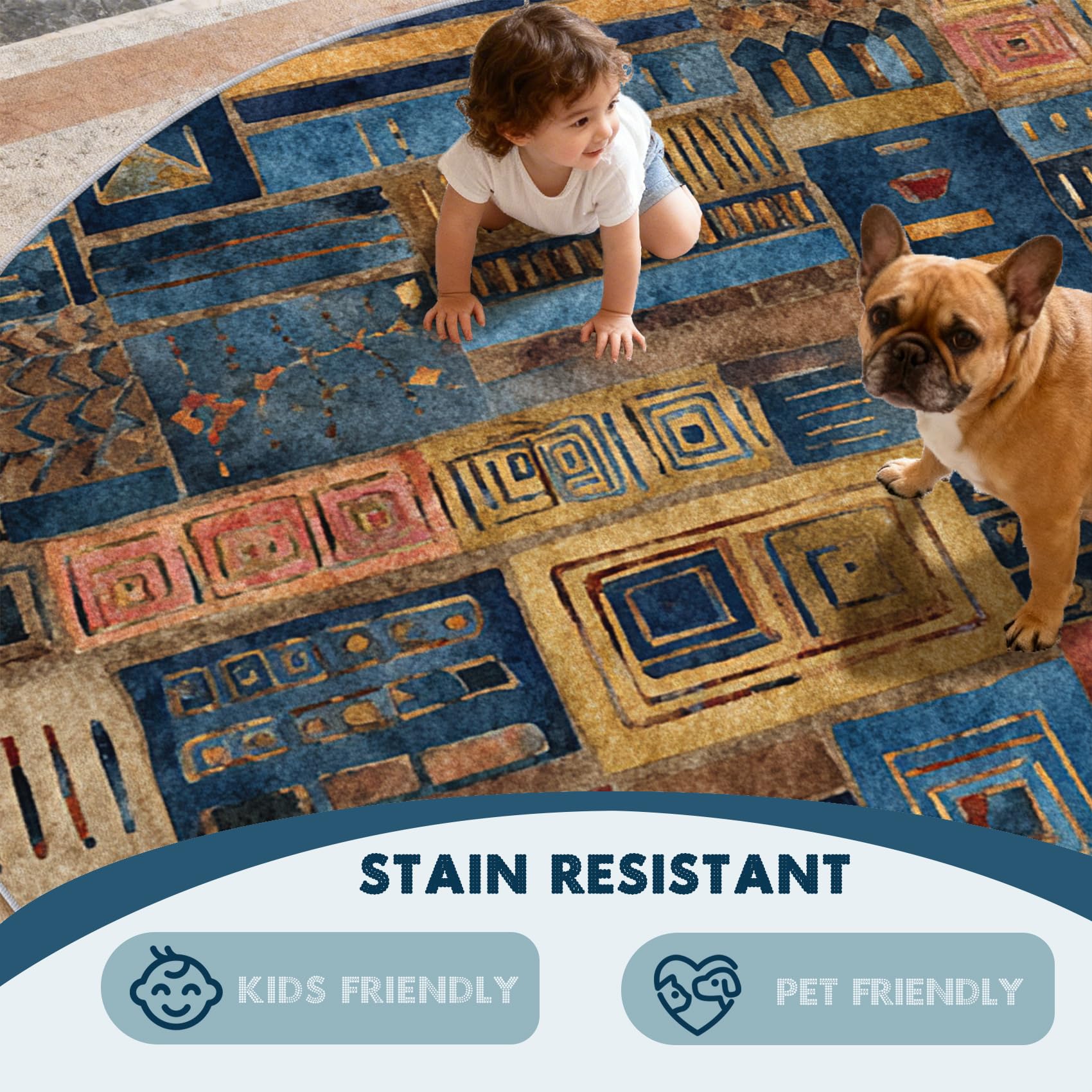 Tapis Rond Marocain Salon Chambre 100 cm de Diamètre | Motif Afrique Bleu Jaune, Antidérapant, Lavable, Poil Ras, Doux Carpet, Decoration, Moquette, Paillassons