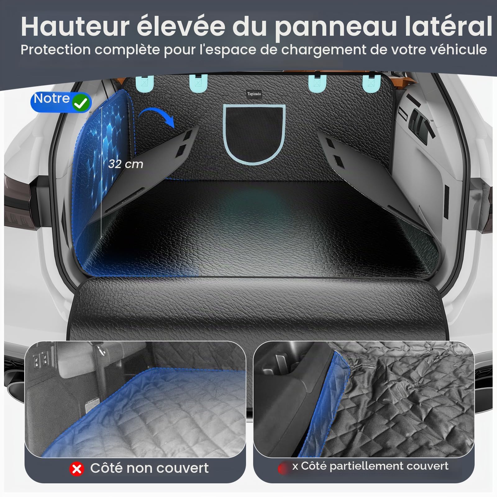 Housse de coffre pour SUV pour chiens avec cuir PU, couverture de coffre imperméable pour animaux de compagnie avec panneaux latéraux plus hauts, tapis de siège pour chiens pour SUV et