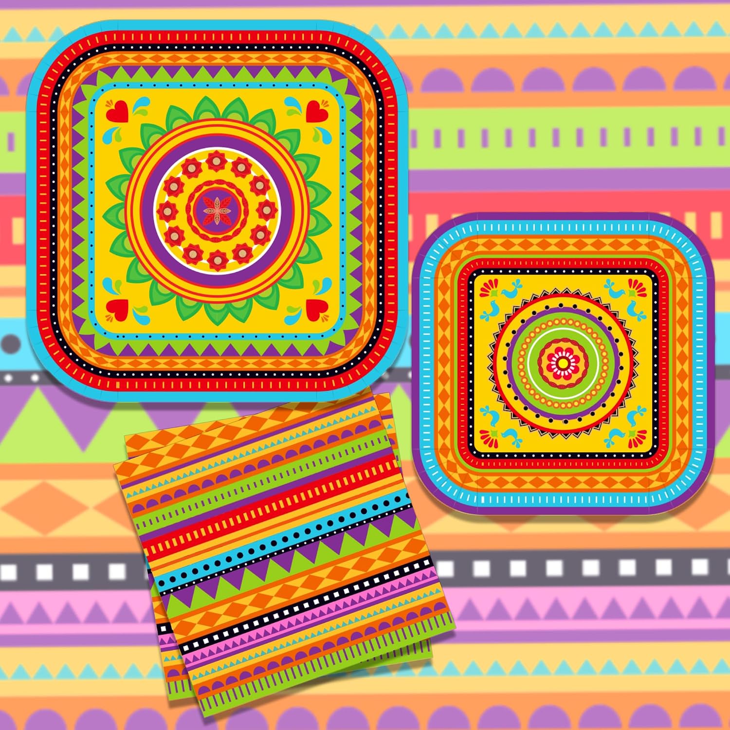 88PCS Mexican Fiesta Birthday Paper Plates Napkins Mexico Cactus Colorful Disposable Tableware Set Party Supplies Cinco De Mayo Theme Dinnerware Sets Serves 24 Guests