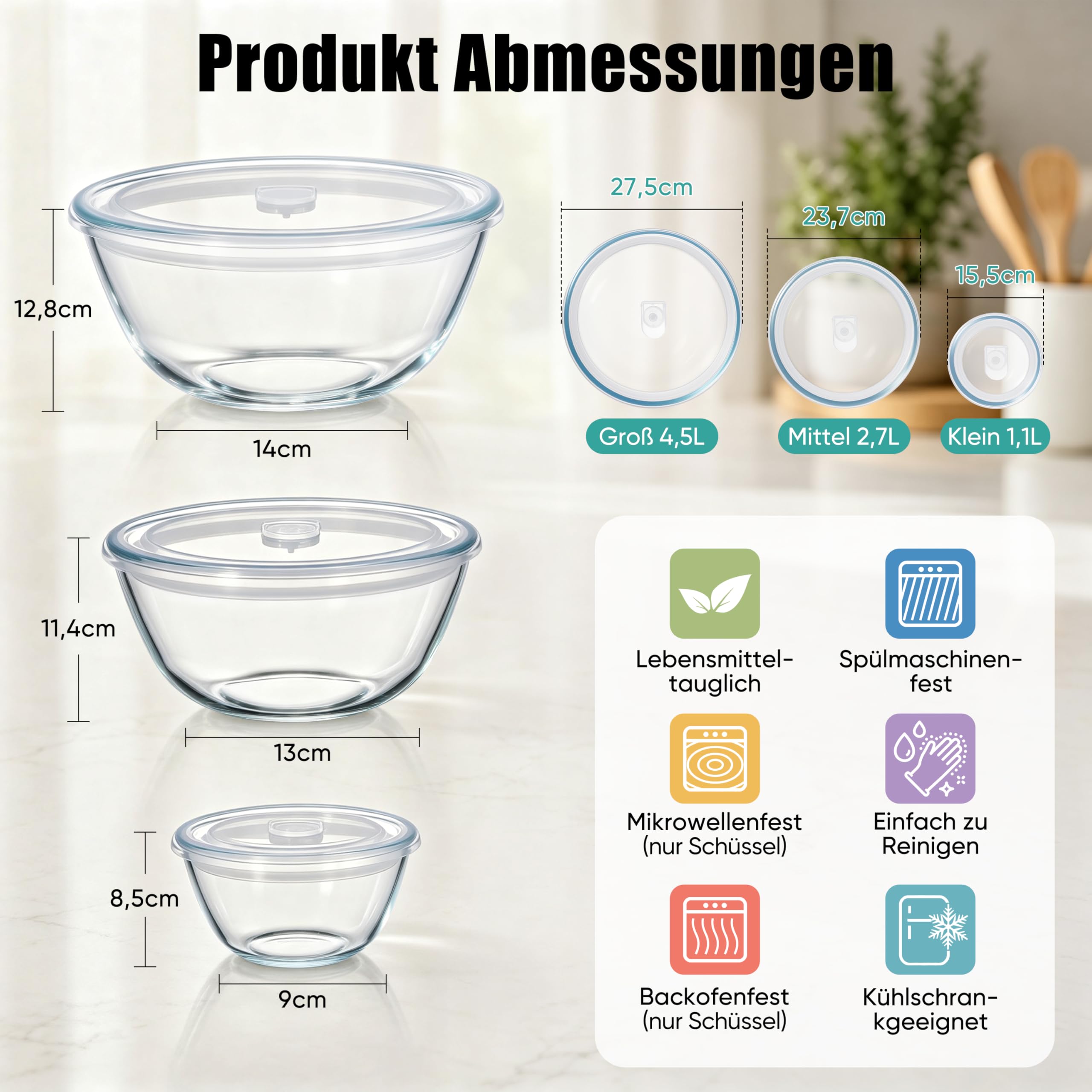 Homikit Salatschüssel 3er Set, Groß Glasschüssel Rührschüssel mit Luftdichtem Deckel, 4,5L/2,7L/1,1L, Borosilikatglas Schüssel für Servieren Kochen Backen, Luftdichtem, Spülmaschinenfest