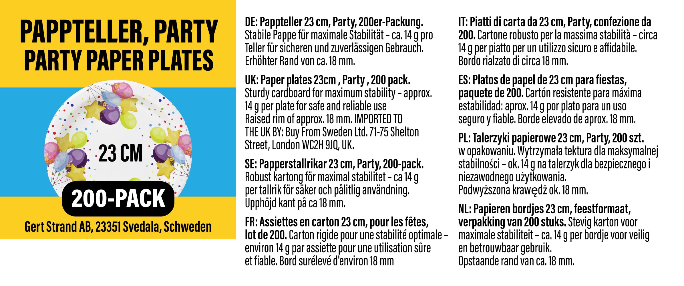 Aromhuset Pappteller 23 cm – 200 Stück – Buntes Ballonmotiv – 14g Stabil – 18 mm Tiefer Rand – Auslaufsicher – Umweltfreundliche Einwegteller für Hochzeiten, Partys & Catering