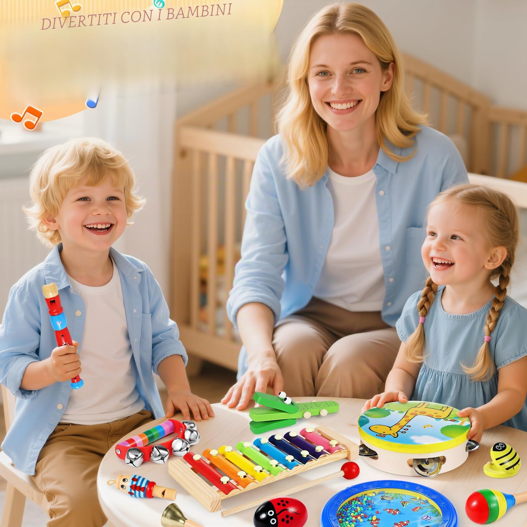 Strumenti Musicali, 24 Pezzi Percussioni con Borsa, Tamburo Perline Oceaniche, Compleanni Musicali, Creativi ed Educativi e Regali di Natale per Bambini 3+