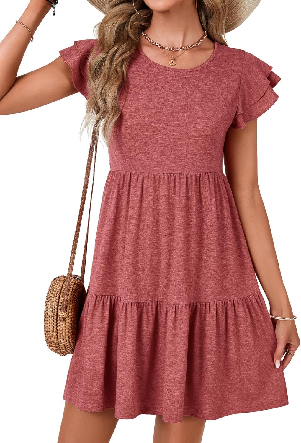 Vrtige Women's 2025 Summer Casual Mini Dress Crewneck Ruffle Short Sleeve Pleated A Line Short Dress - Image 2