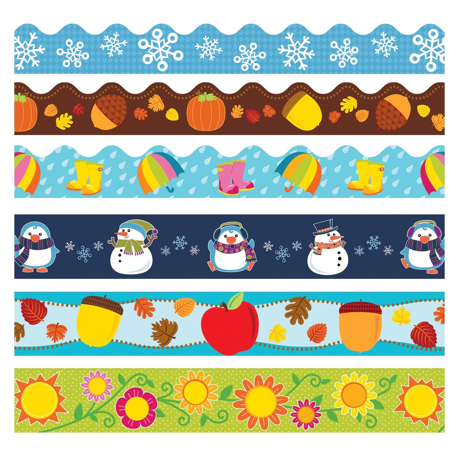Carson Dellosa EducationSeasonal Bulletin Board Borders—6-Pack of Scalloped and Straight Border Trim, 79 Strips of Colorful Winter, Spring, Fall Decorations (225 ft)