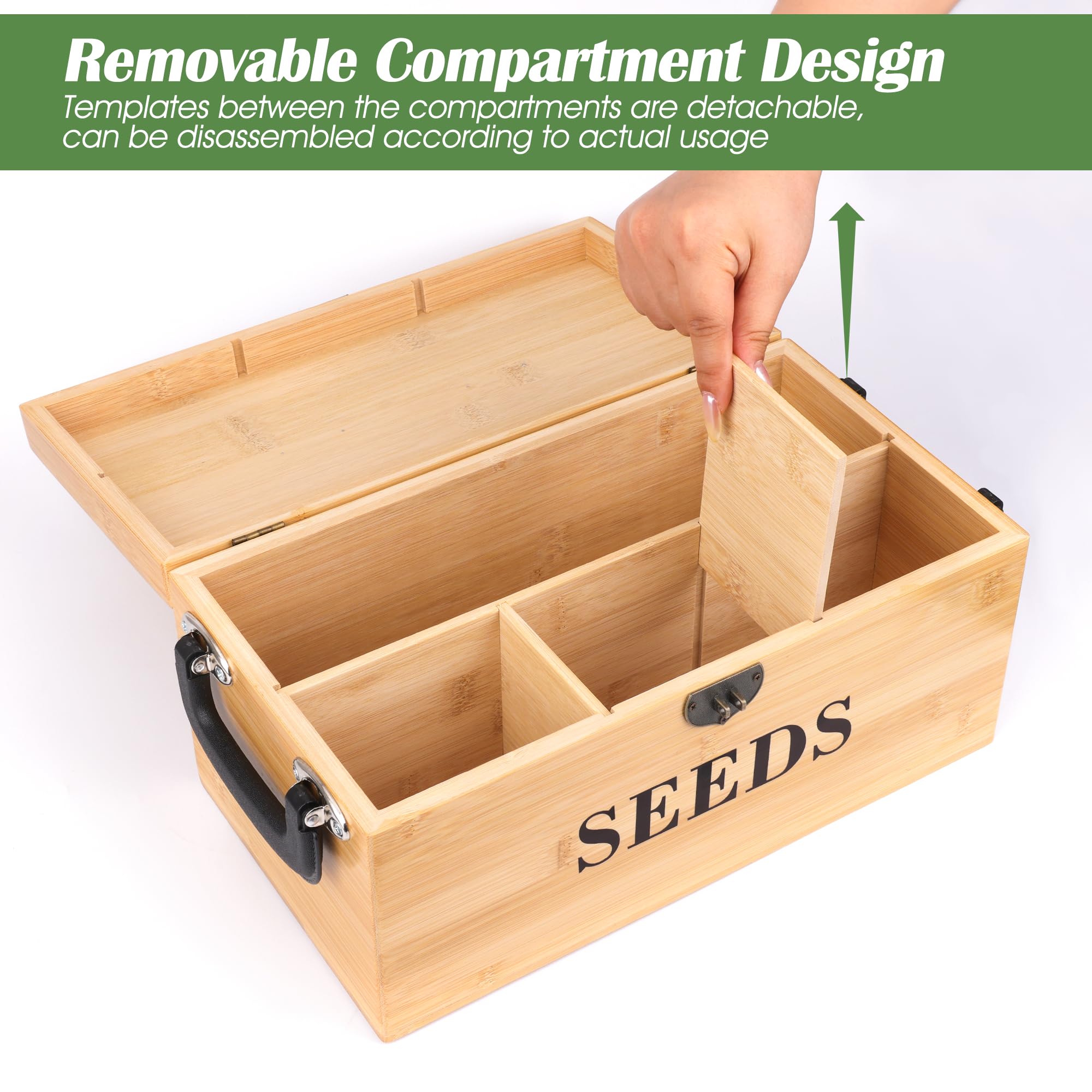 Luxiv Boîte d'économie de graines de bambou, boîte de rangement de graines en bois avec couvercle, bac à graines de jardin en bois avec serrure, 3 poignées, 30 sacs à semences, 30 étiquettes pour