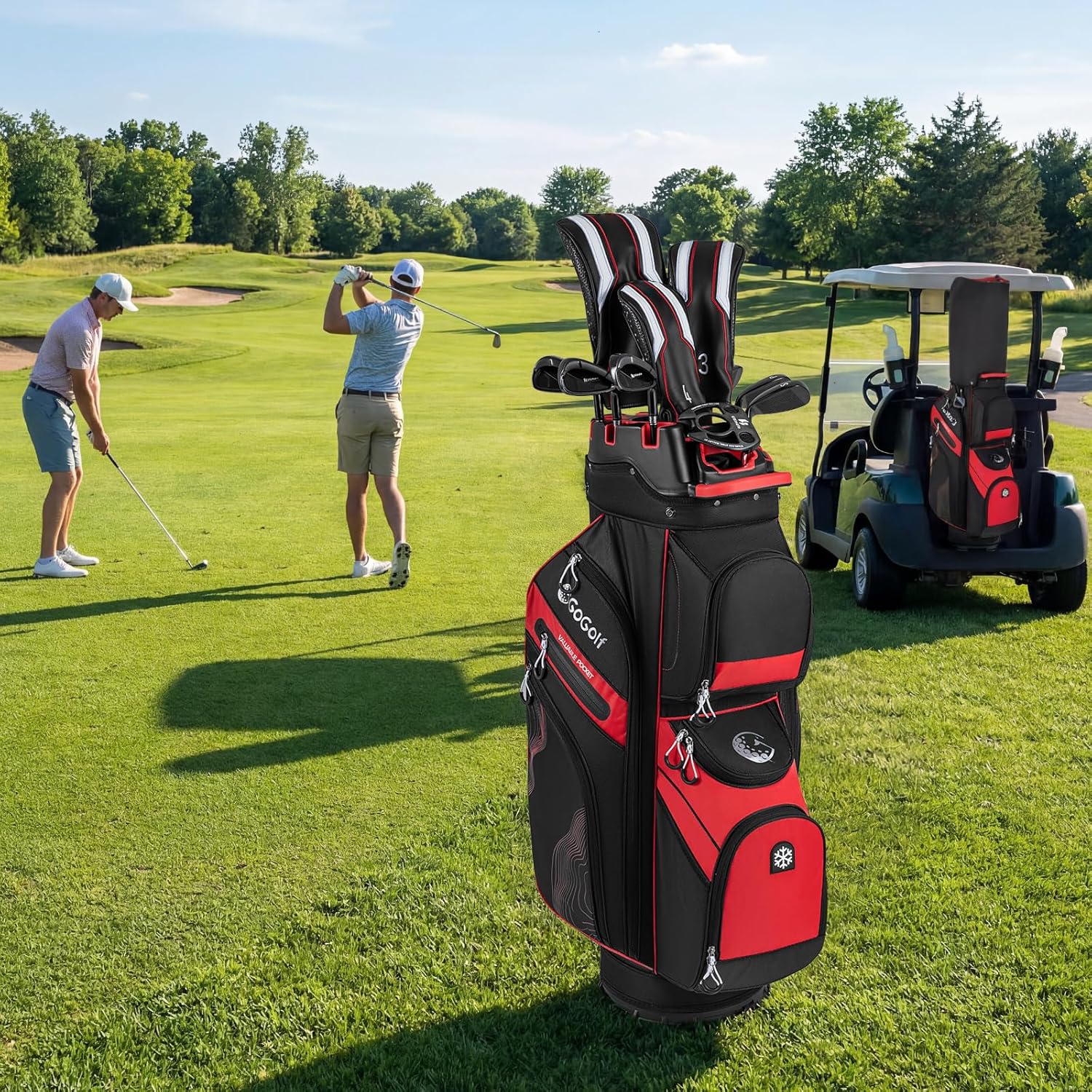 Tangkula Golf Cart Bag with 14-Way Full Length Dividers, 6 Molded Lock Top Golf Club Bag with 11 Pockets, Cooler Bag, Padded Strap, Handles, Umbrella Holder & Rain Hood