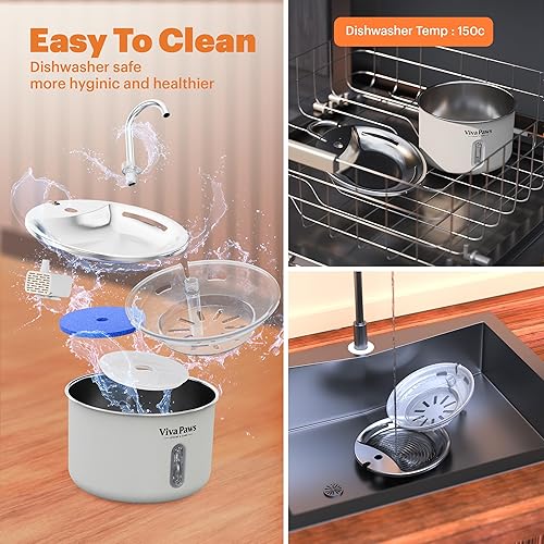 Miniatura 7 de Viva Paws - Fuente de agua para gatos, fuente de acero inoxidable para mascotas de 2 L74 onzas con luz LED, bomba ultra silenciosa 25 dB, ventana de