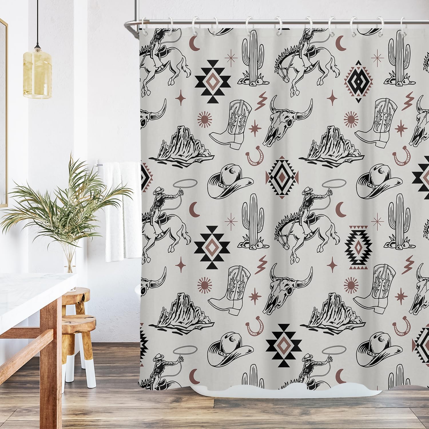 Western Cowboy Shower Curtain Extra Long XL Large Black Aztec Cactus Farmhouse Vintage Southwest Southwestern Horse Tribal 72x84 Inch Fabric Polyester Cloth Washable Bathroom Decor 12 Hooks
