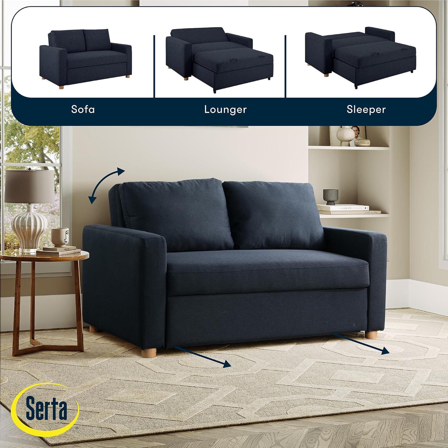 Diagram showing the Serta Tulsa loveseat converting from sofa to lounger to sleeper