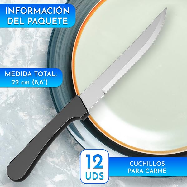 Didarenba Cuchillos carne mesa de acero inoxidable 12 uds – Siempre afilados con filo sierra – Corte sin esfuerzo para bistec y chuletón – Ideales para familias y restaurantes – Aptos lavavajillas - 2
