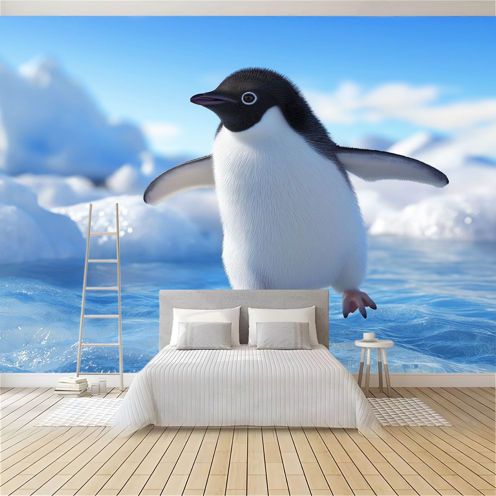 Panoramiczna tapeta 3D natura lodowiec ocean zwierzęta pingwiny jasnoniebieski 250 x 175 cm, tapeta z włókniny - fresk ścienny do salonu, sypialni i biura, dekoracja ścienna druk HD
