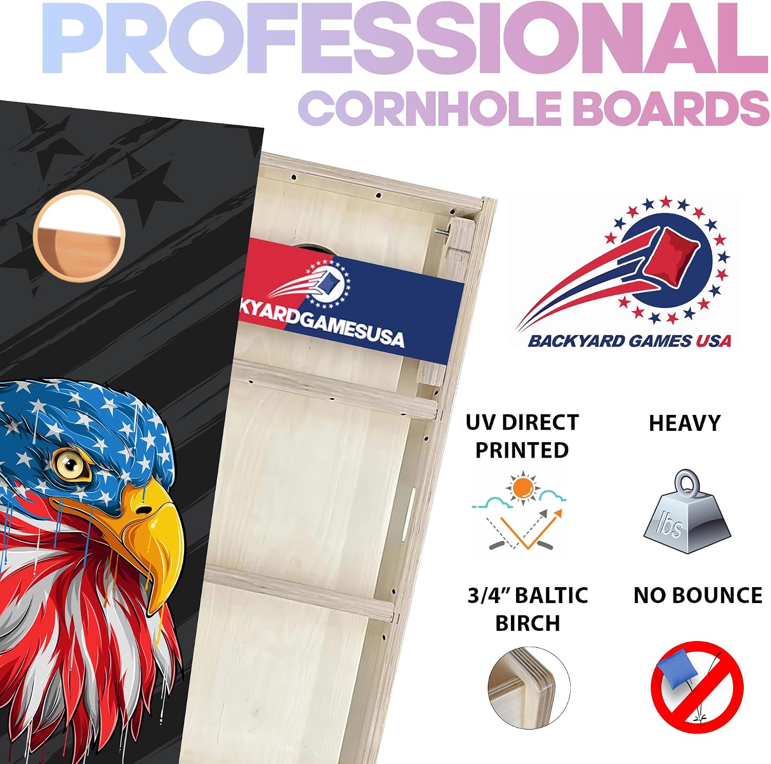CornholeGamesUSA Pro Cornhole Boards Set | Made in USA | 3/4 Baltic Birch | No Bounce | Triple Thick Legs | Two Brace & Handles, Tournament 2x4 Regulation Set with Score Tower & Cornhole Bags