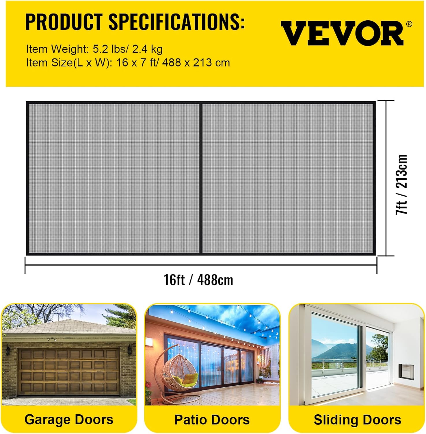 VEVOR Garage Door Screen, 16 x 7 ft for 2 Cars, 5.2 lbs Heavy-Duty Fiberglass Mesh for Quick Entry with Self Sealing Magnet and Weighted Bottom, Kids / Pets Friendly, Easy to Install and Retractable - - 