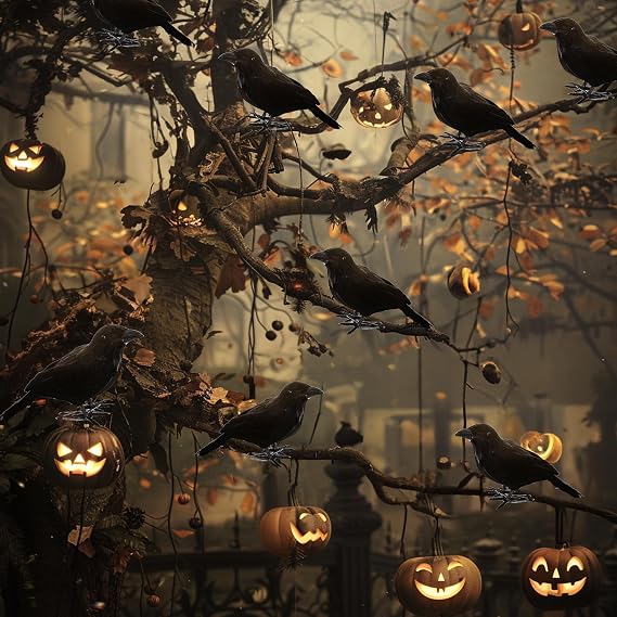 NEROSUN 6 Pack Halloween Black Feathered Crows, 5.7 & 8.7 Realistic Feathered Black Birds Raven, Halloween Decoration for Indoor Outdoor Home Yard Garden Party Decor