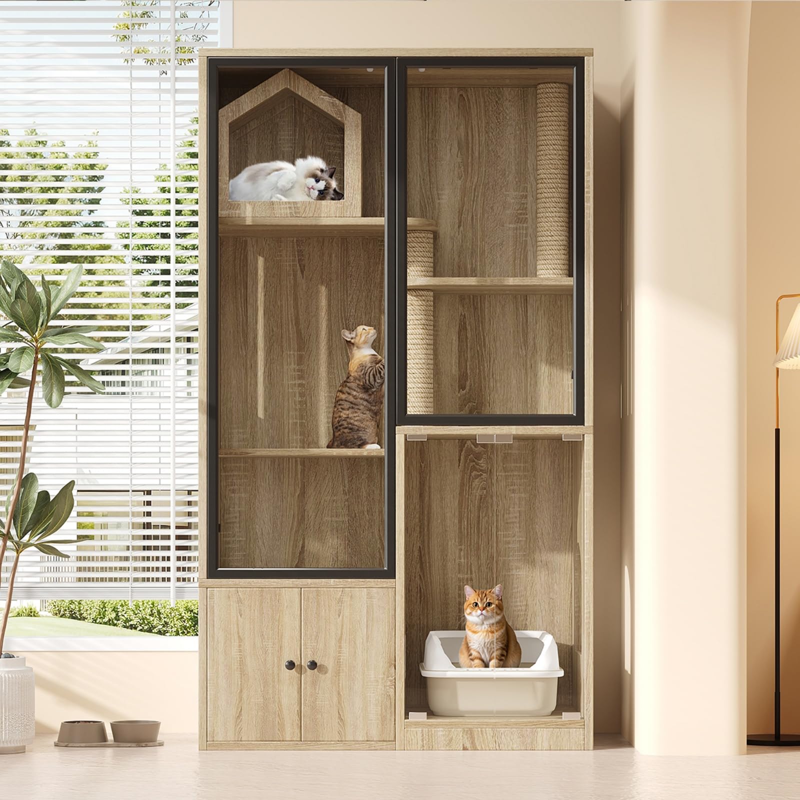 Meuble Litière Chat avec Maison de Toilette, Armoire pour Chat 160 cm avec Rangement, Porte en Verre Trempé, Structure Multicouche, Griffoir, pour Salon (Naturel)