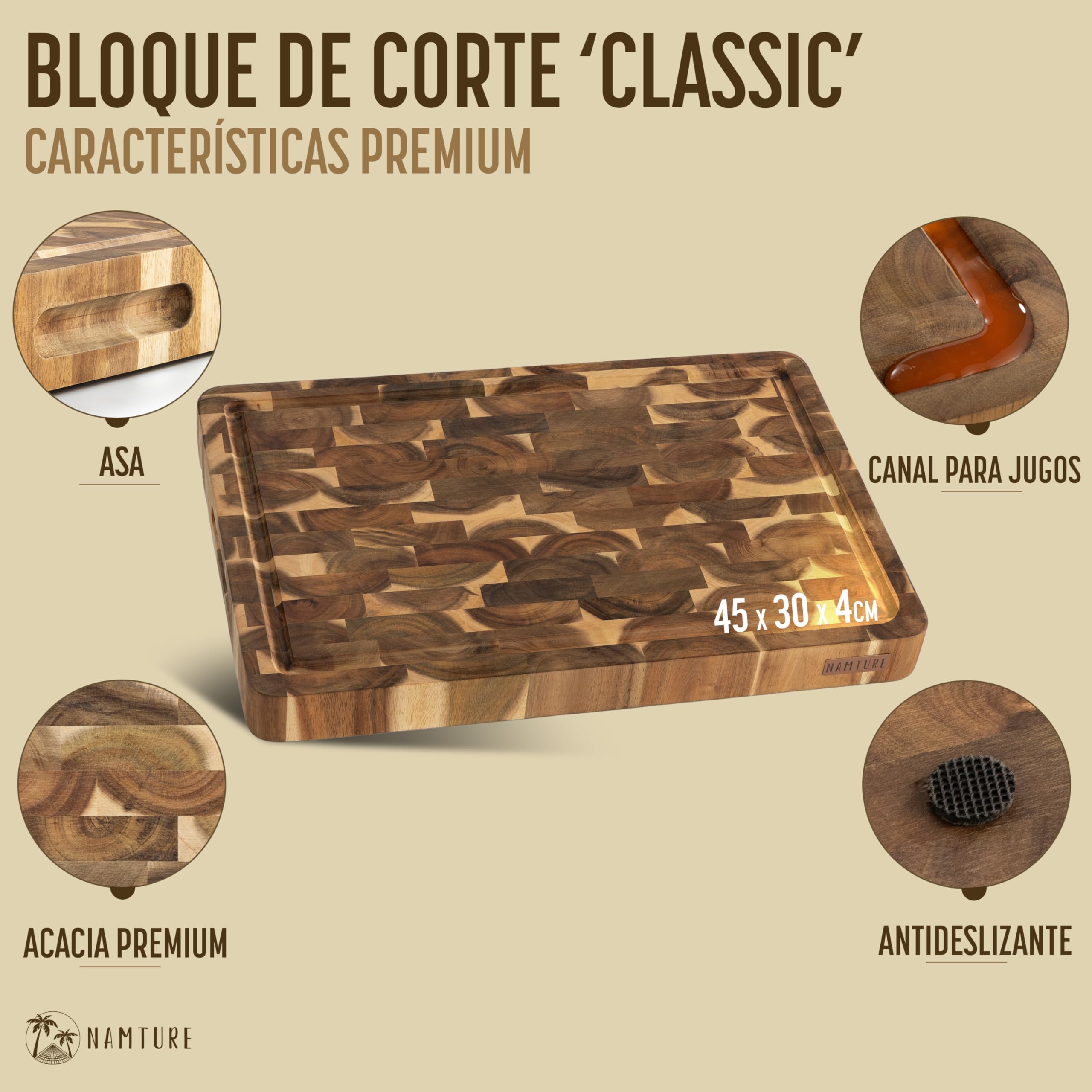 Tabla de Cortar de Madera de Acacia 45x30 cm – Extra Gruesa 4 cm, fibra de testa, acabado con aceite premium, ranura para jugos, asas laterales, pies antideslizantes – caja regalo