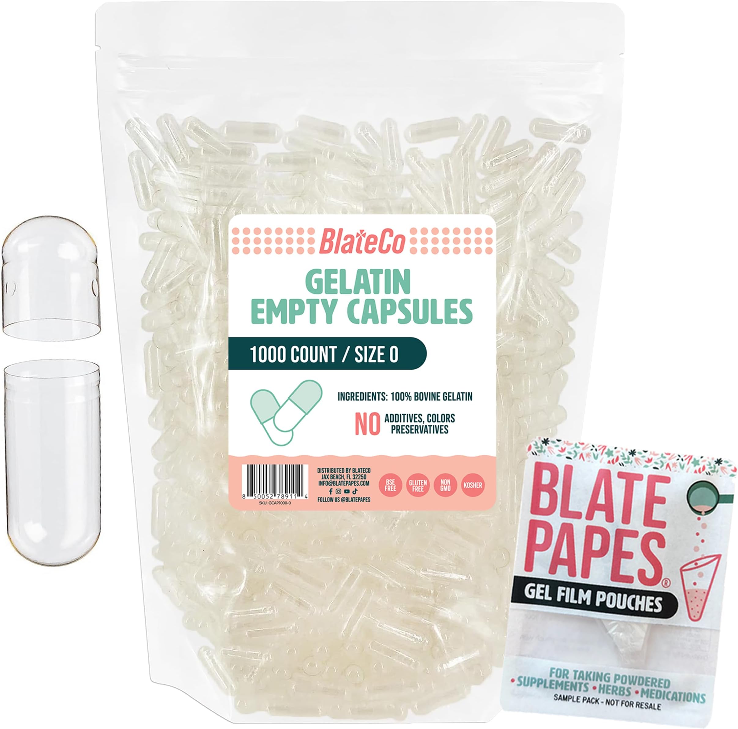 BlateCoPremium Size 0 Empty Gelatin Capsules, 1000 Count (Clear) with Blate Papes® Gel Film Pouches - New, Non-GMO Fillable Pill Caps in a Resealable Bag - Nothing Artificial, Ever.