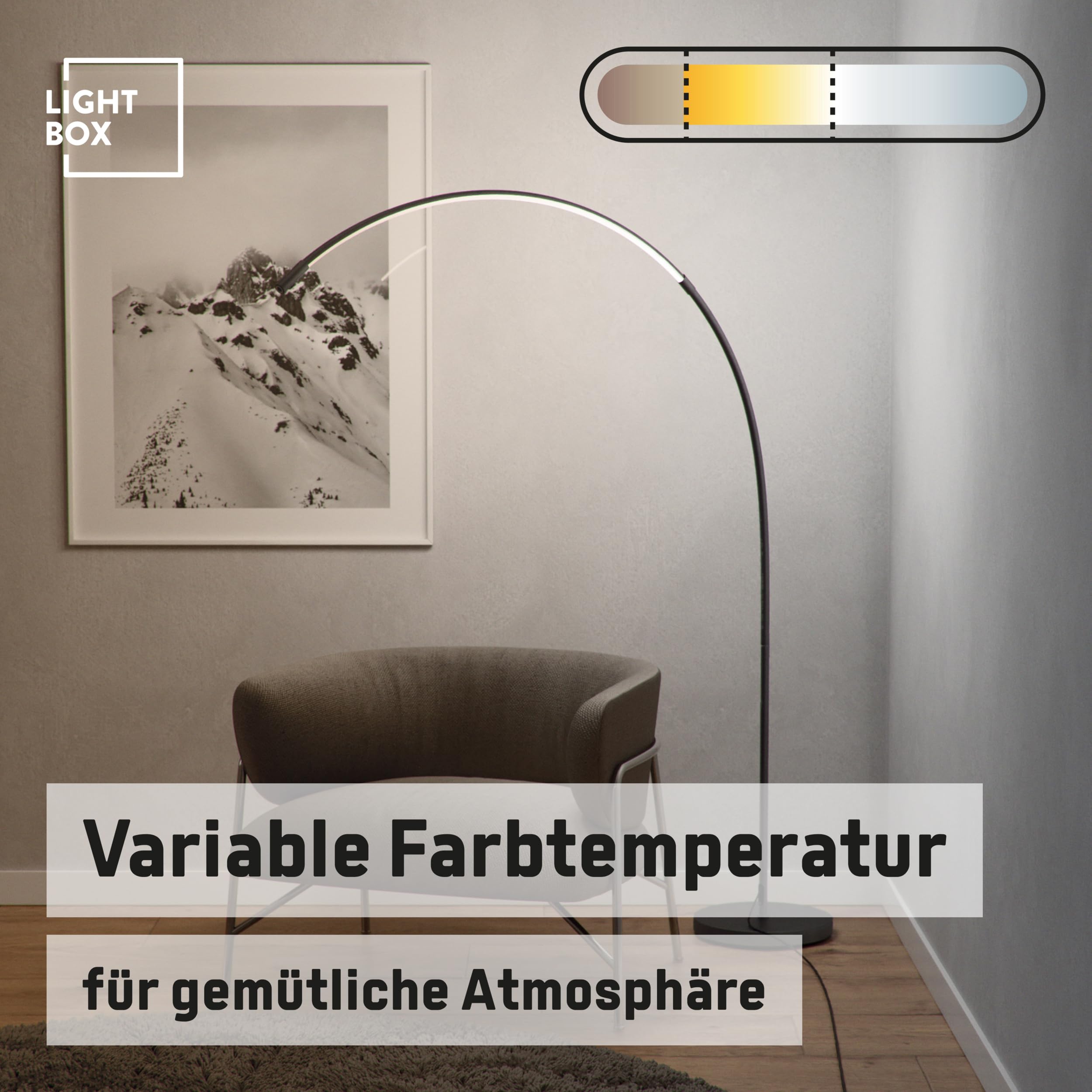 Lightbox LED lampada da terra ad arco | 1,7 m di altezza | lampada da terra con interruttore, dimmerabile (CCT) | lampada LED (1440 lm, 18 W) | lampada da terra anche come lampada per camera da letto,