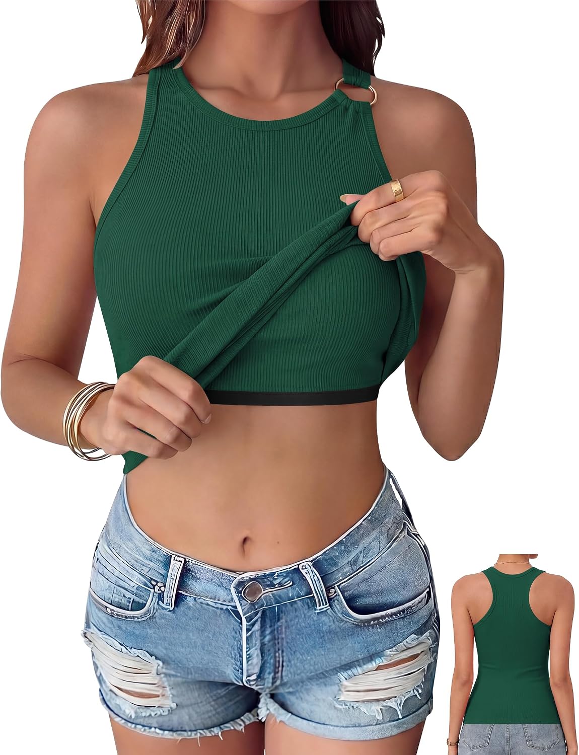 OwnTime Womens Tank Tops with Built in Bra Summer High Neck Sleeveless Padded Shirts Racerback Ribbed Casual Basic Tops