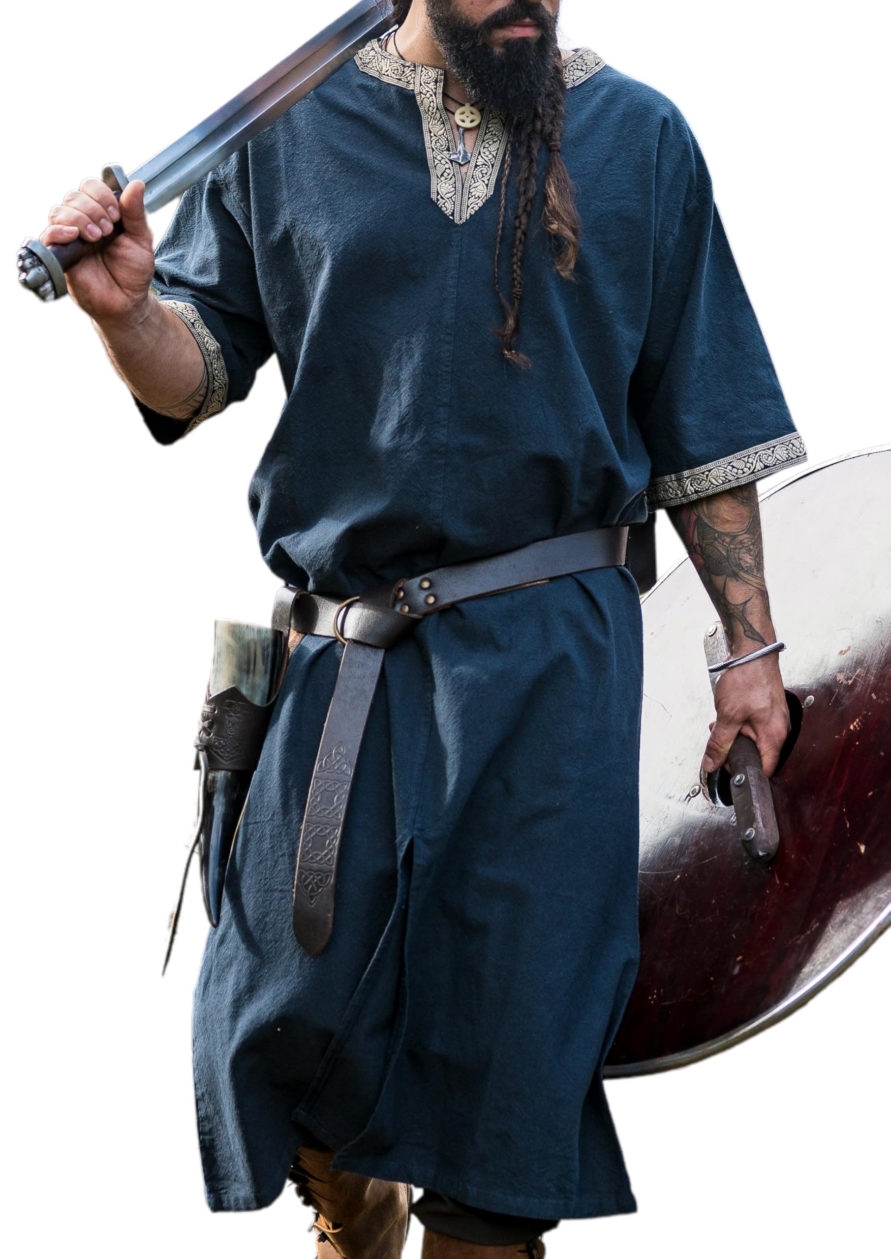 Leonardo Carbone® Short-Sleeve Tunic Richard - Medieval Clothing for Men, Medieval Shirt, Casual Short-Sleeve Shirts, Carnival Costume for Men, Viking Tunic, LARP Clothing - 100% Cotton Blue S