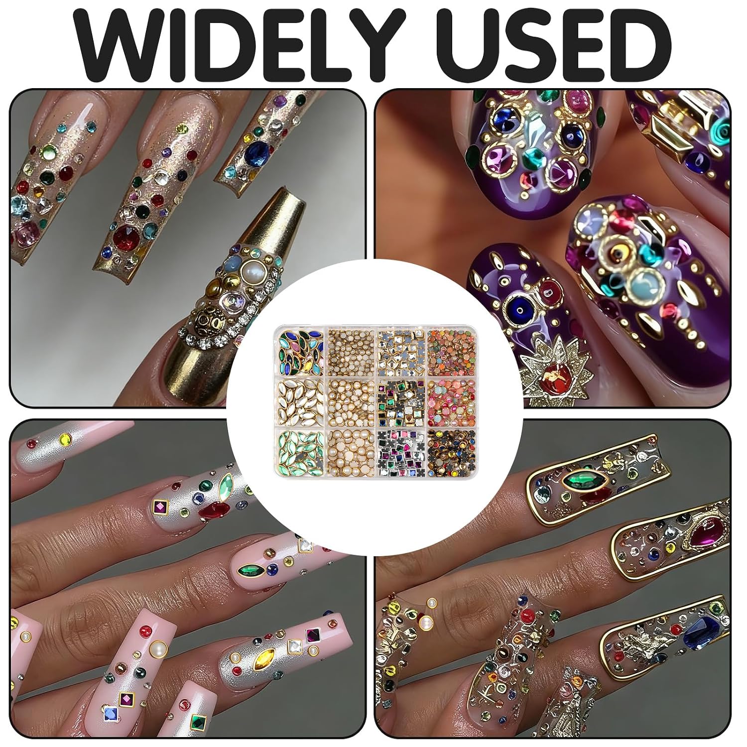 12-Compartment Colored Gemstone Nail Art Set, Mixed Shape Colorful Gems Rhinestones Decorations, Vintage Pendants Hands Art Charms for DIY Crafts Nail Decor 12grids