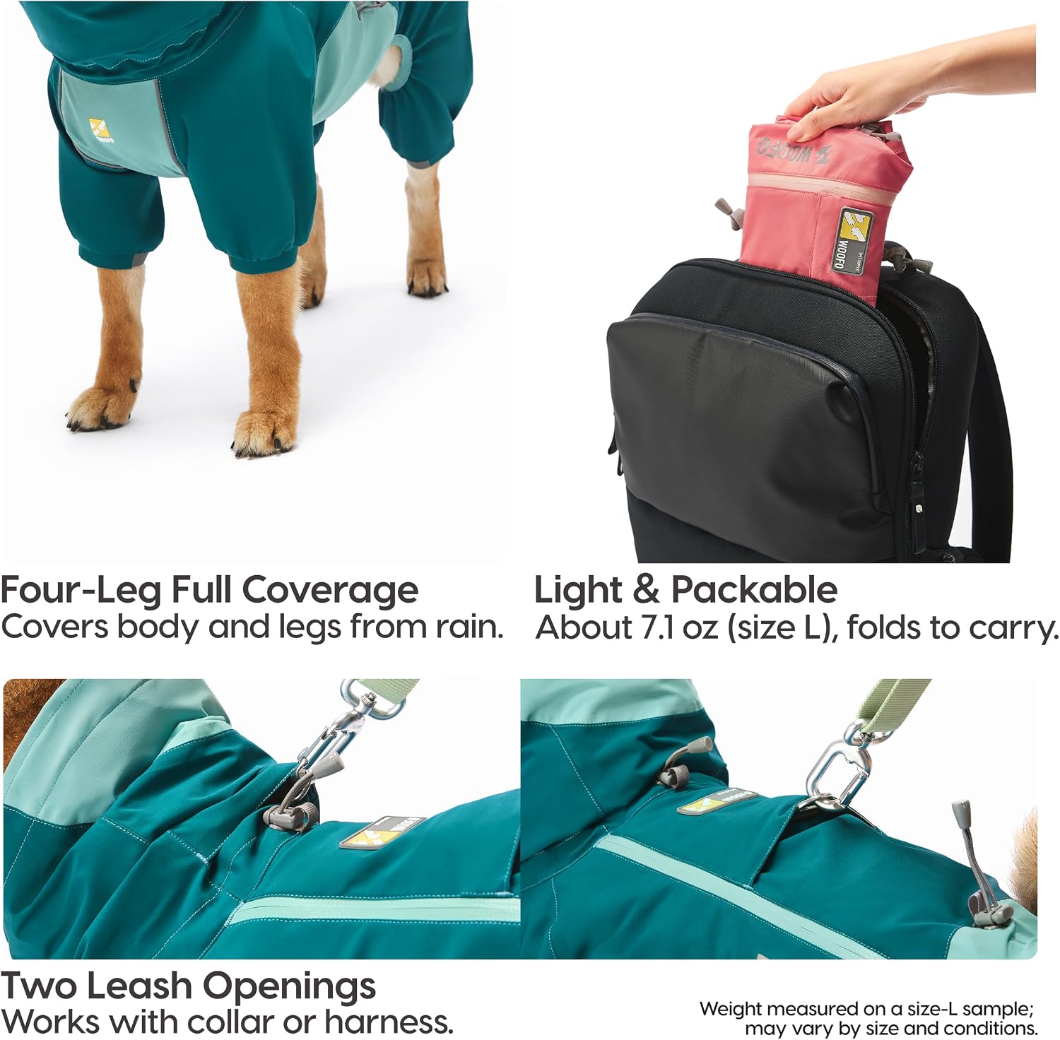 Full-Coverage Dog Raincoat, Hooded, Waterproof, 4-Way Adjustable Fit | Dual leash openings for collar+harness; full-body 4-leg coverage; reflective details; taped seams
