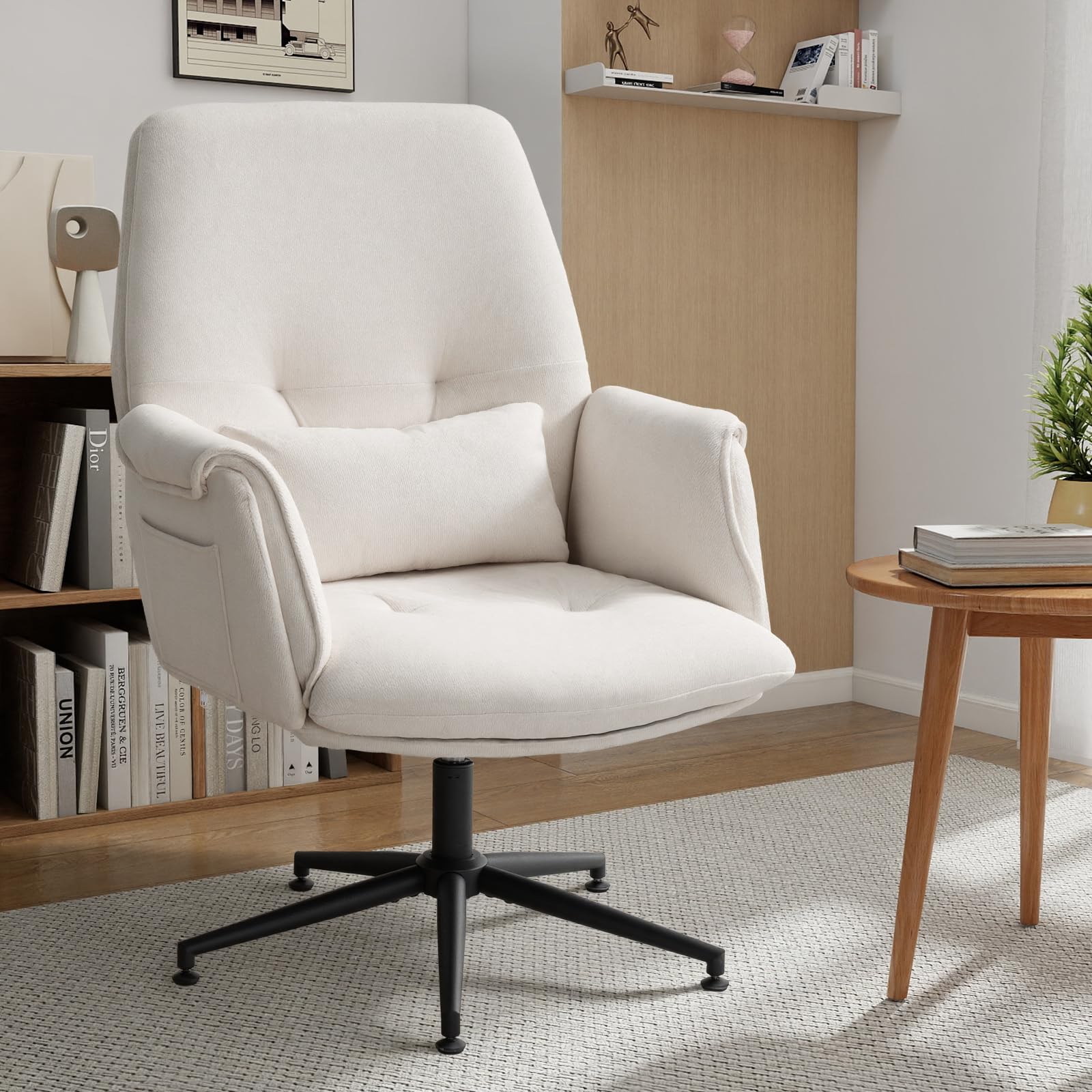 Fabric Home Office Chair, High Back Desk Chairs No Wheels, Cross-Legged with Armrests, Wide Seat Computer Task Chair, Comfy Swivel Vanity Chair with Lumbar pillow for Livingroom, Bedroom,Cream White