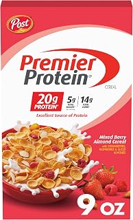Premier Protein Mixed Berry Almond Cereal: 20g Protein High-Protein Flakes with Dried Berries & Almonds, 9oz Box