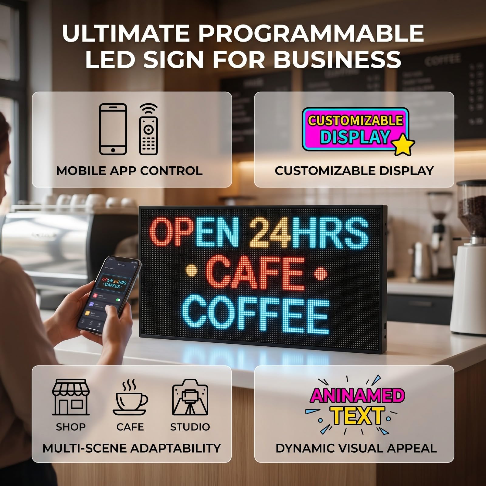 Señal LED Programable para Publicidad LED con Desplazamiento | Empresarial Pantalla personalizable, Tablero Mensajes Control Remoto para Bodas, Tiendas, Bares, Atractivo Visual Dinámico