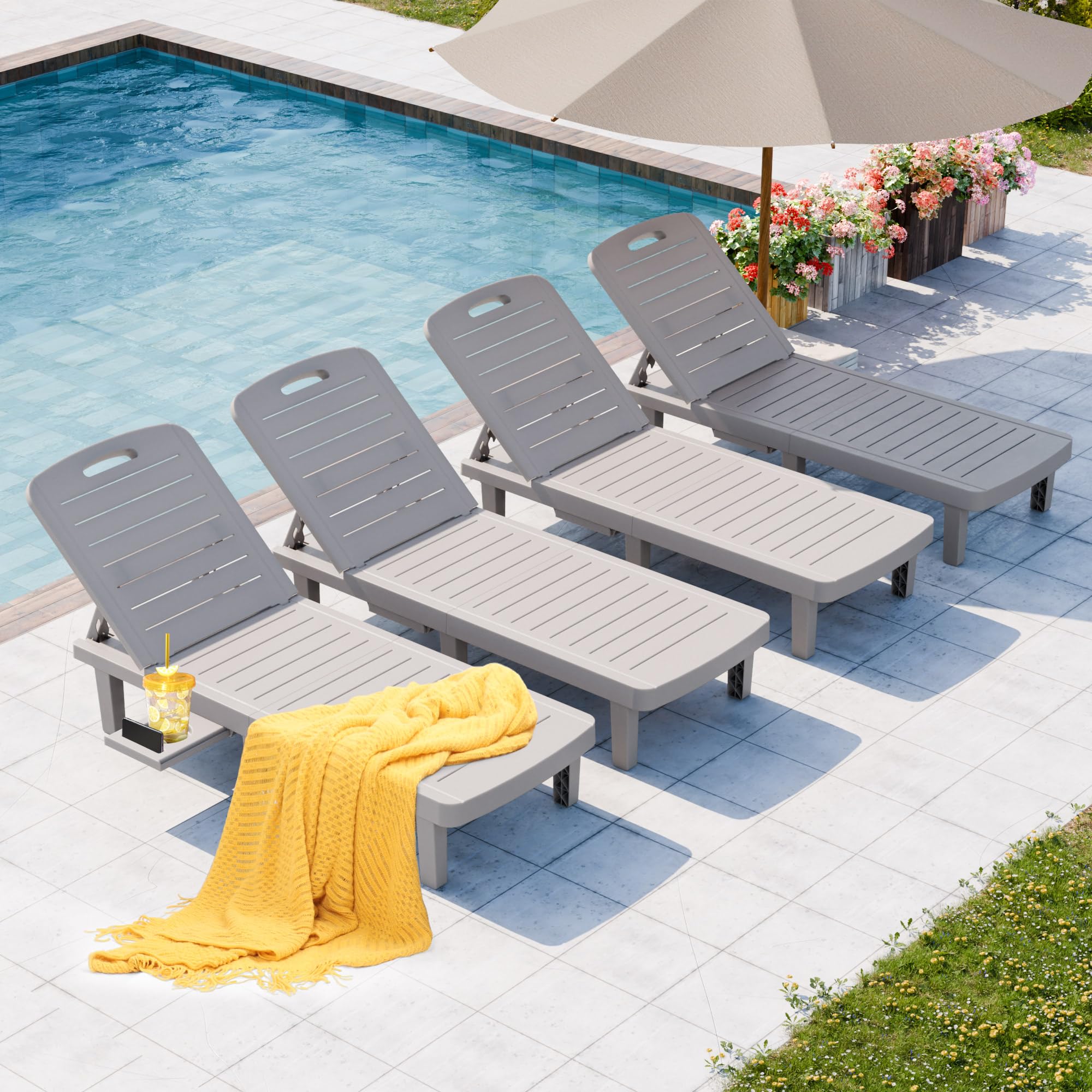 SELLERWE Outdoor Chaise Lounge Set of 4, Waterproof Resin Lounge Chairs for Outside w/Adjustable 5 Positions All Weather Use Recliner Chair for Patio,