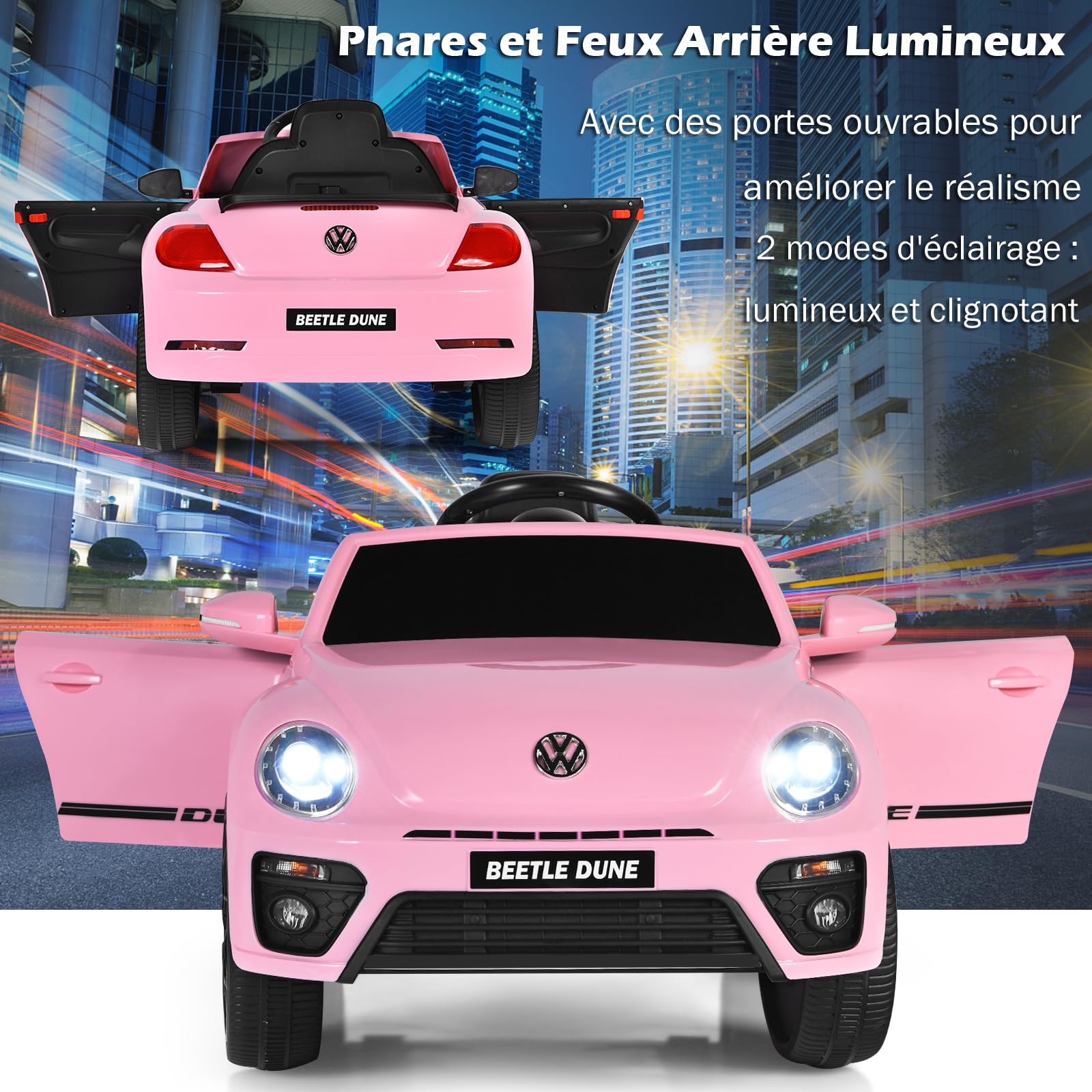 COSTWAY Volkswagen Beetle Voiture Électrique 12V Enfants avec Télécommande 2,4G, Véhicule Electrique avec Lumières & Musique, Démarrage Lent, Charge 30kg pour Enfants de 3-8 Ans (Rose)