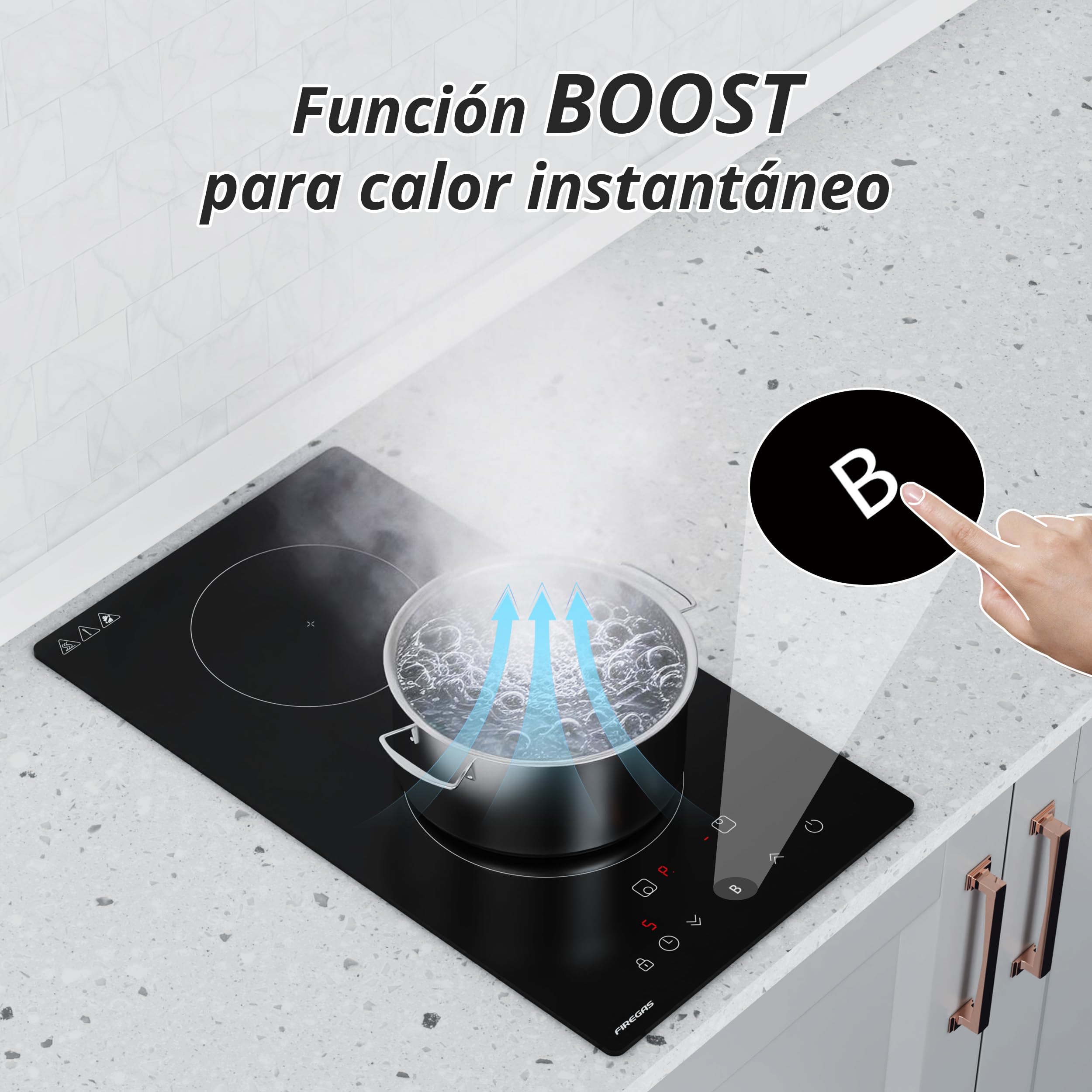 FIREGAS Placa de Inducción 2 Fuegos 3700W, Placa de Cocina de Inducción Encastrable, Control Táctil, Función Boost, Temporizador y Seguridad Infantil