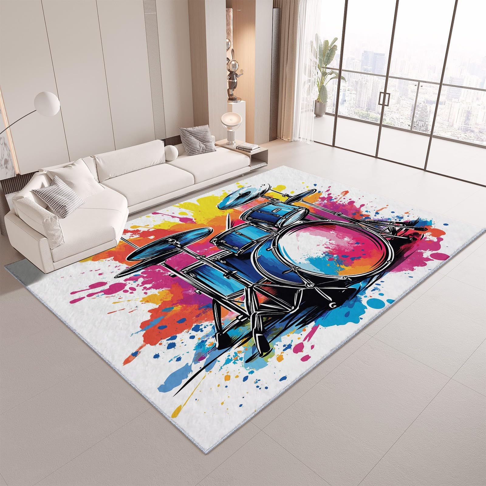 Area Rug 6x9 ft Graffiti Musical Instruments Drum Set Color Living Room Rugs Non-Slip Carpet Large Soft Indoor Washable Rug for Bedroom Dining Room